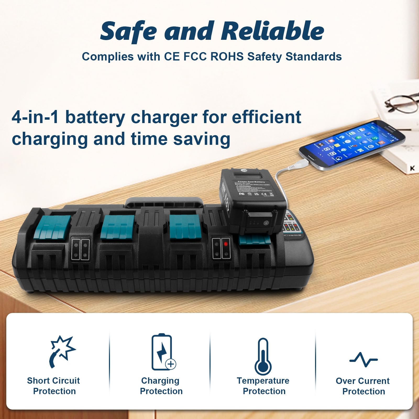 PENGJBATTER DC18SF 14,4 V/18 V szybka 4-portowa ładowarka z portami USB do akumulatora Makita 14,4 V-18 V BL1850B BL1860B BL1430B BL1840B BL1820B i ładowarka DC18RC DC18RD, szybkie ładowanie do