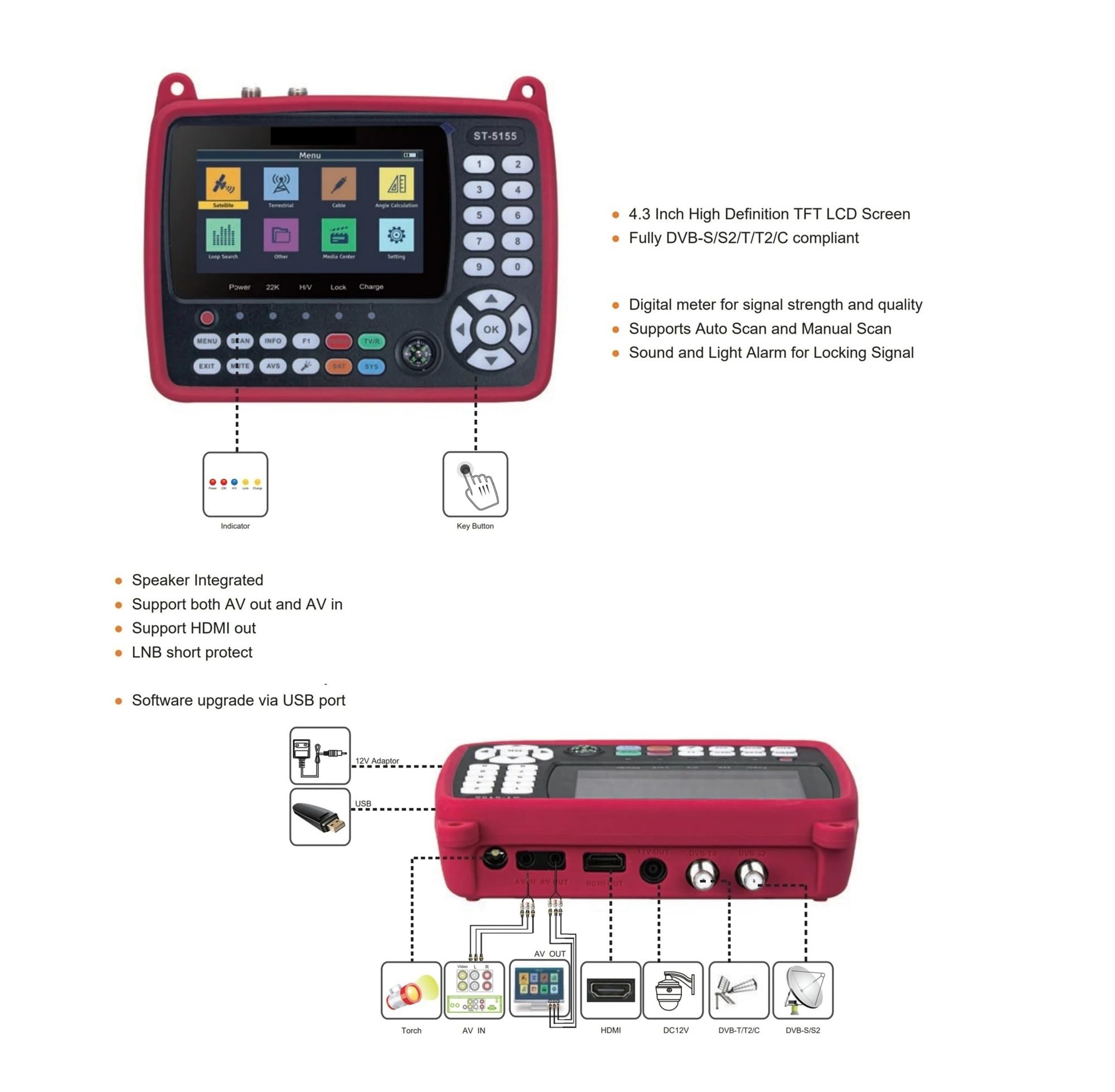 ST-5155 Buscador de señal satelital Digital DVB-S2 + DVB-C + DVB-T2 Detector de medidor de señal con Pantalla de 4,3 Pulgadas Borrar Pantalla(ST-5150)
