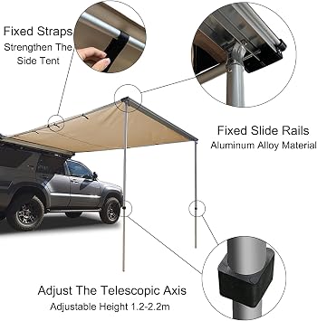 Waterproof Pull-Out Car Awning for Camping, Weatherproof Side Awning, Adjustable Height Retractable Roof Rack Awning, UV50+ Shade SUV Outdoor Camping Travel(2 * 2.5m/6.6 * 8.2ft)