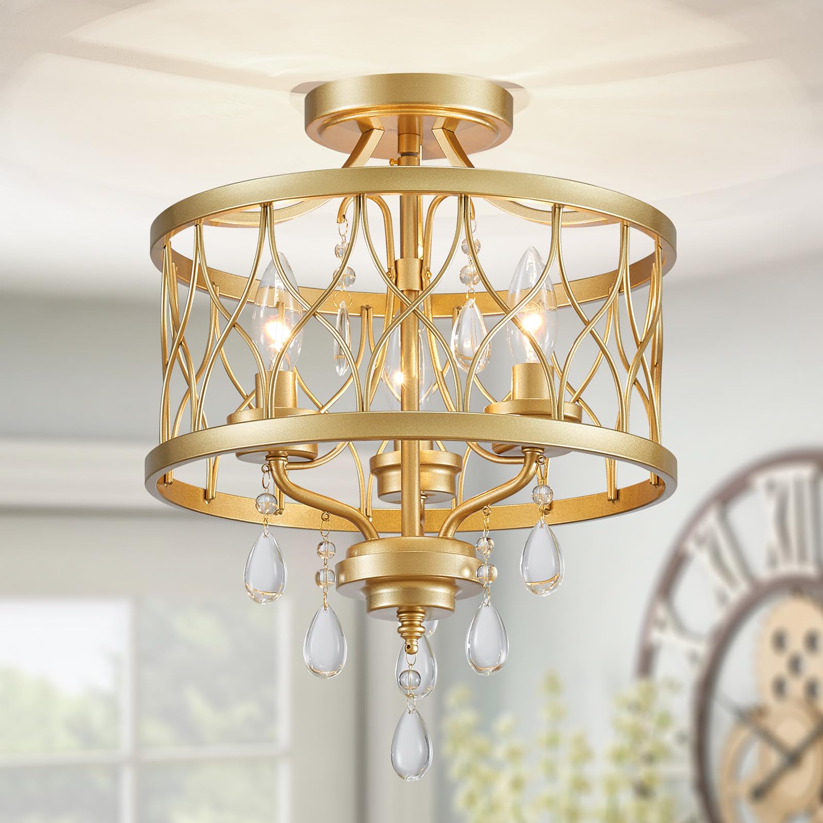 WUZUPS lustre 3-lumière vintage ferme industrielle semi-flush montage plafond luminaire éclairage moderne pour foyer chambre couloir chambre de stockage cuisine, H 40,6 x L 32,5, E14 Base, or