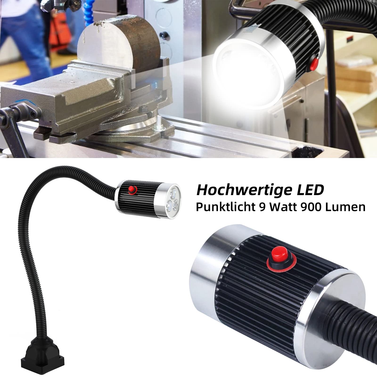 Luce flessibile a collo di cigno, 900 lumen LED luce di lavoro con base fissa per tornio CNC fresatrice macchina da cucire industriale banco da lavoro artigianale strumento di illuminazione lampada a