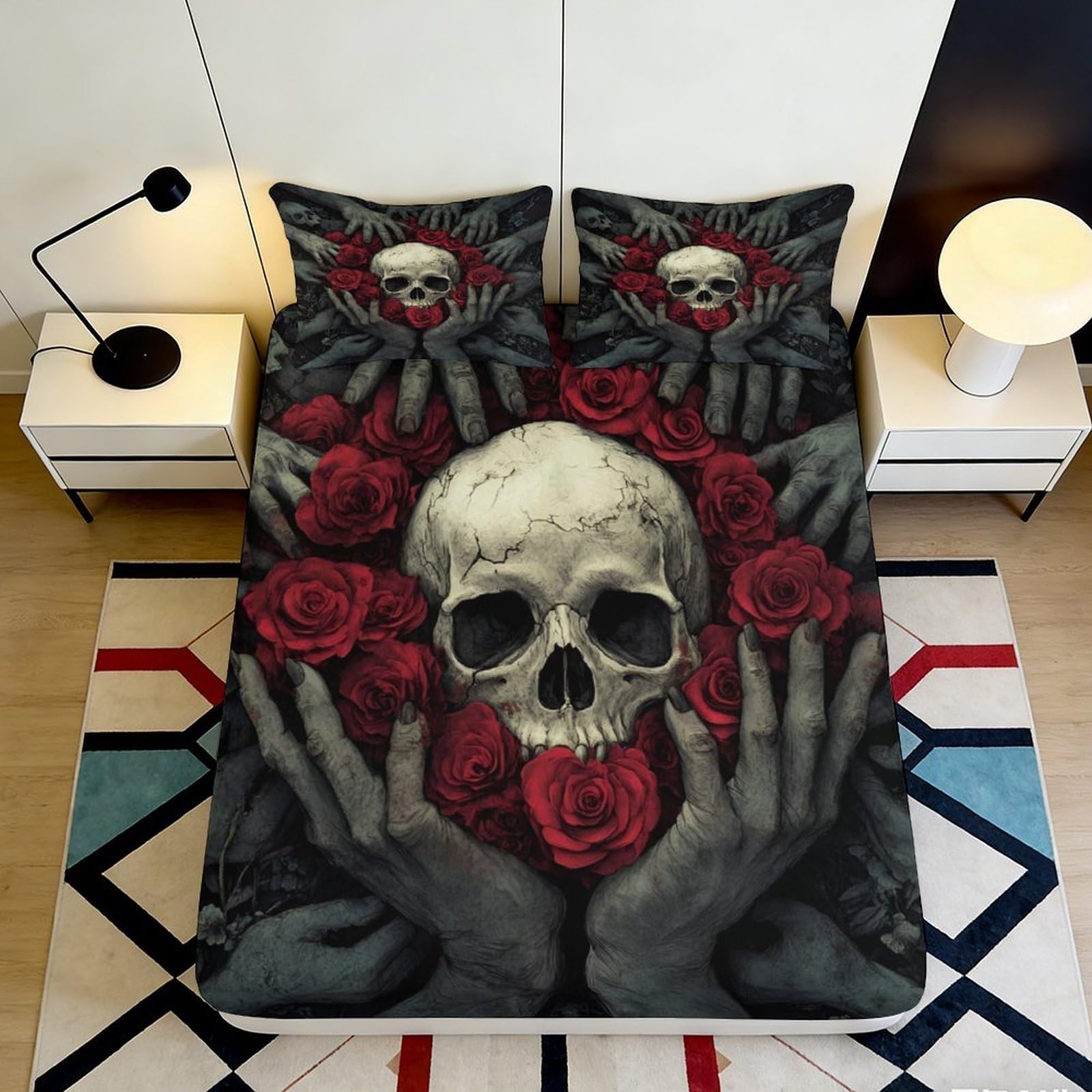 Pnayamiorkfel Style-6 3D Printed Skull Rose Fitted Sheet Microfiber Soft Touch Gothic Hands Bed Sheet For Bedroom Dorm Decor 90X200x25cm