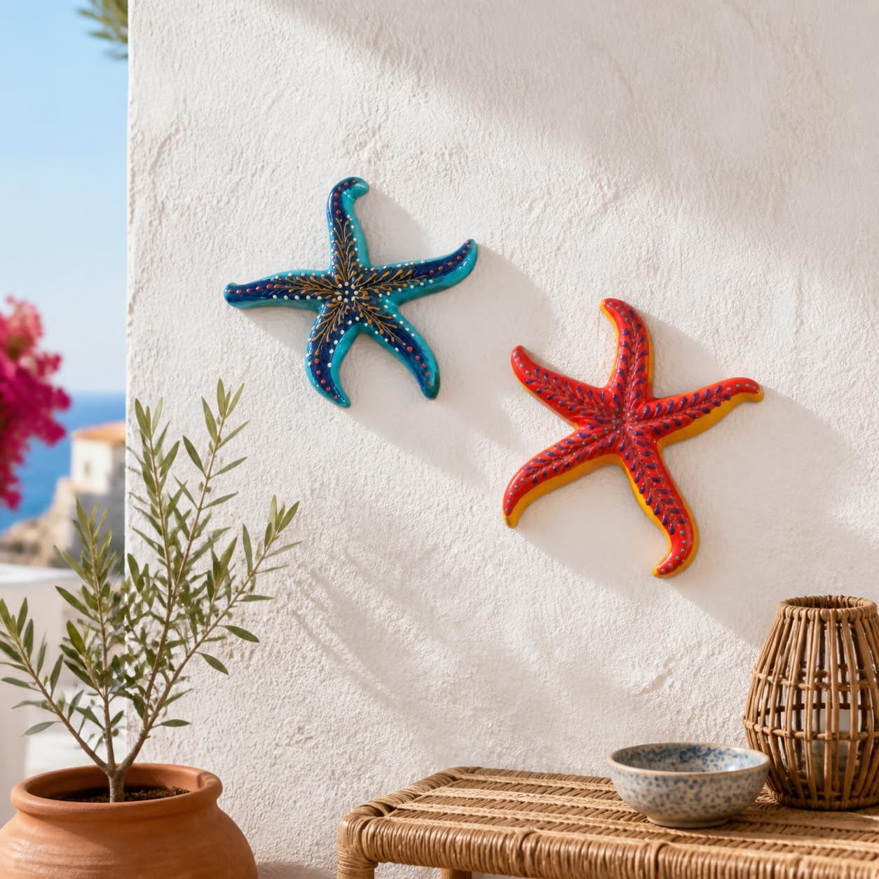 Estrellas de mar cerámica Colgantes Pack de 2, esculturas Decorativas 23 cm para Pared, baño, terraza y hogar mediterráneo