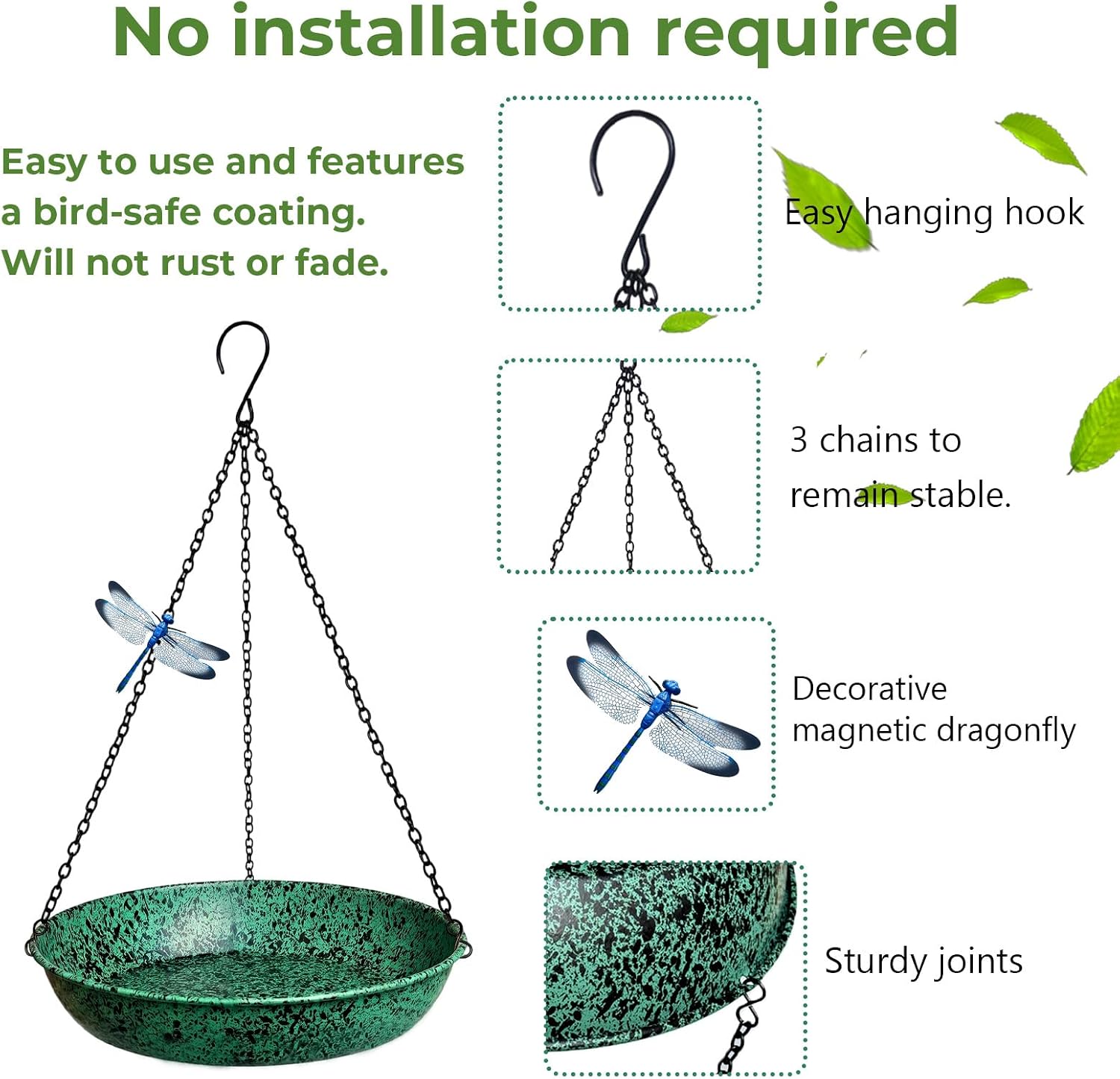 Hanging Bird Baths for Outside, 11 inch Outdoor Metal Bird Feeder for Garden Yard Decor Green