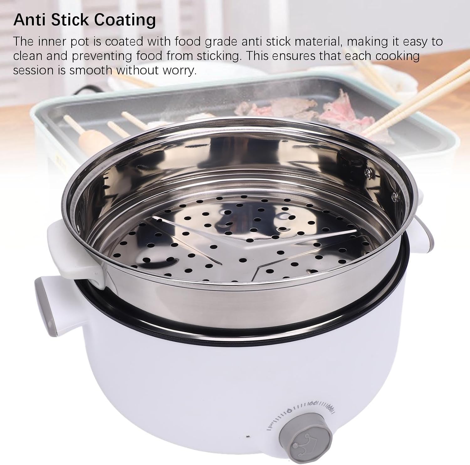 Hot Pot Electric with Steamer, 800W 3.6L Large Capacity Non Stick Electric Pot with 3 Gear Temperature Control Multifunctional Rapid Noodles Cooker for Soup Ramen Steak (US Plug)