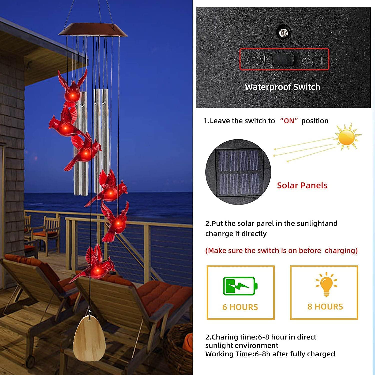 TSIPEKLO Cardinal Wind Chimes,Red Cardinal Bird Solar Wind Chimes for Outside,Aluminum Tubes Memorial Wind Bell for Garden/Patio Decor Sympathy/Thanksgiving/Birthday Gifts for Mom, Wife, Grandma
