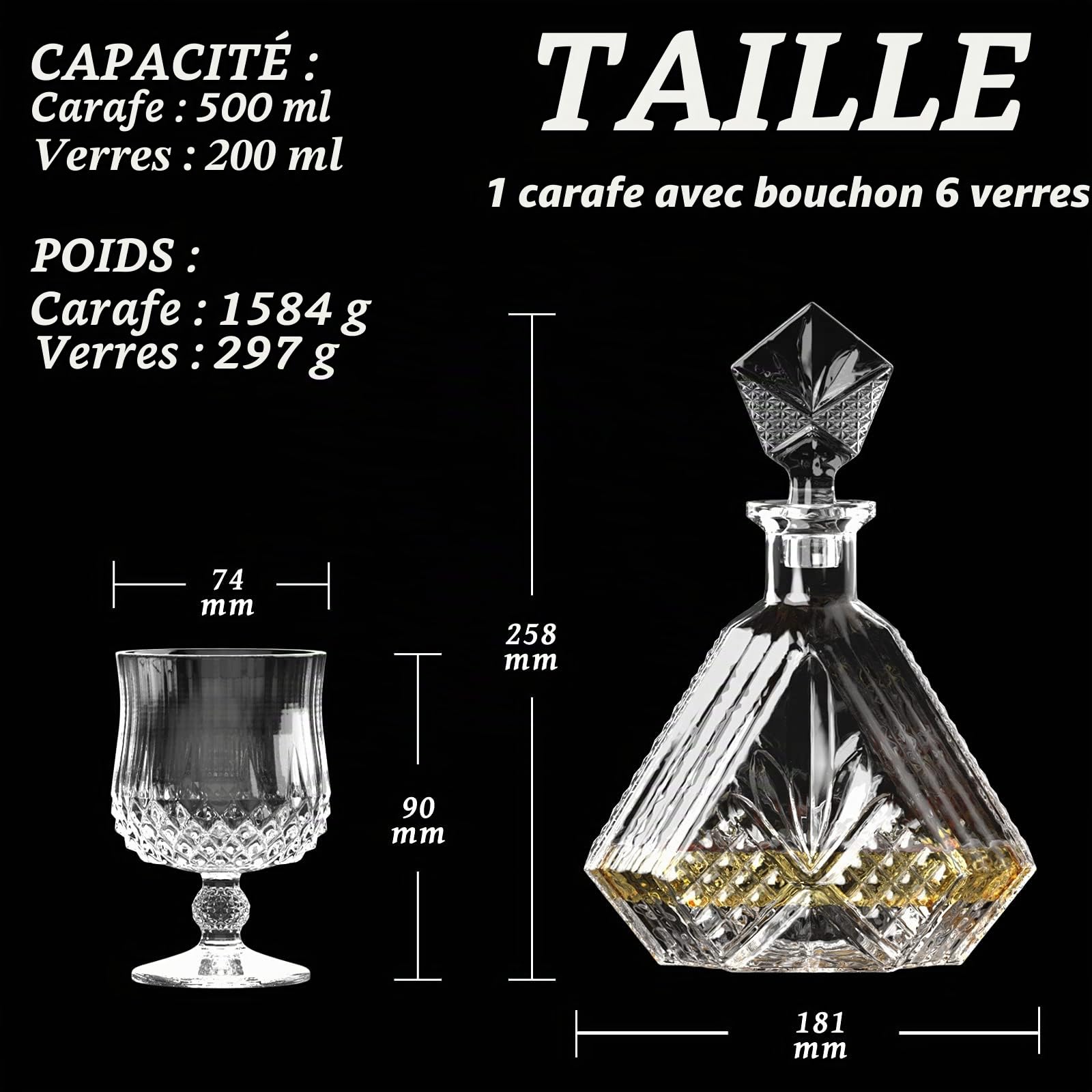 Carafe à whisky en cristal et 6 verres, élégante carafe en verre, carafe à vin, carafe gravée parfaite pour le bourbon, le brandy et la vodka, cadeau bourbon pour homme (Hera)