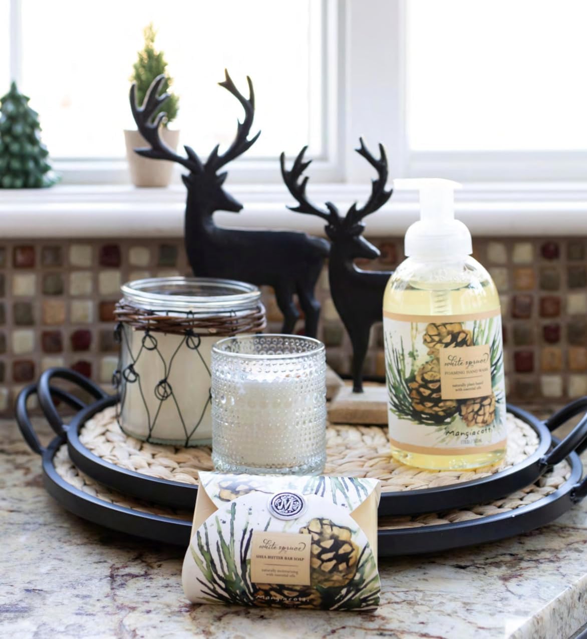 Boston International Round Trivet Tray with Handles Decorative Serving Board, Table Centerpiece, and Candle Holder, Small 16" x 16", Woven Grass & Metal