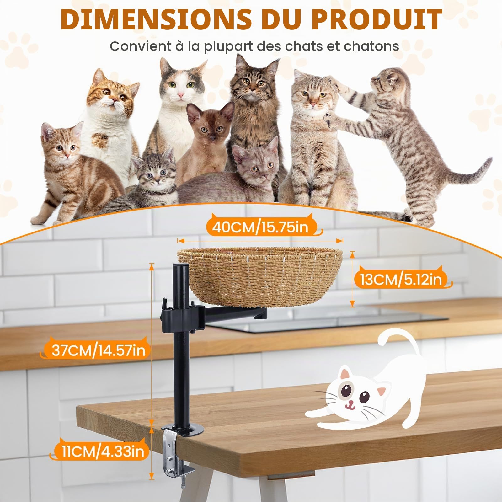 Lit pour chat bureau Rotation 360° Haute réglable Pas de perçage Maison surélevée Garde proche Espaces de travail propre.