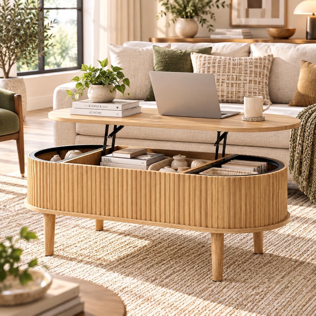 39" Oval Lift Top Coffee Table with Storage, Fluted Coffee Table, Natural