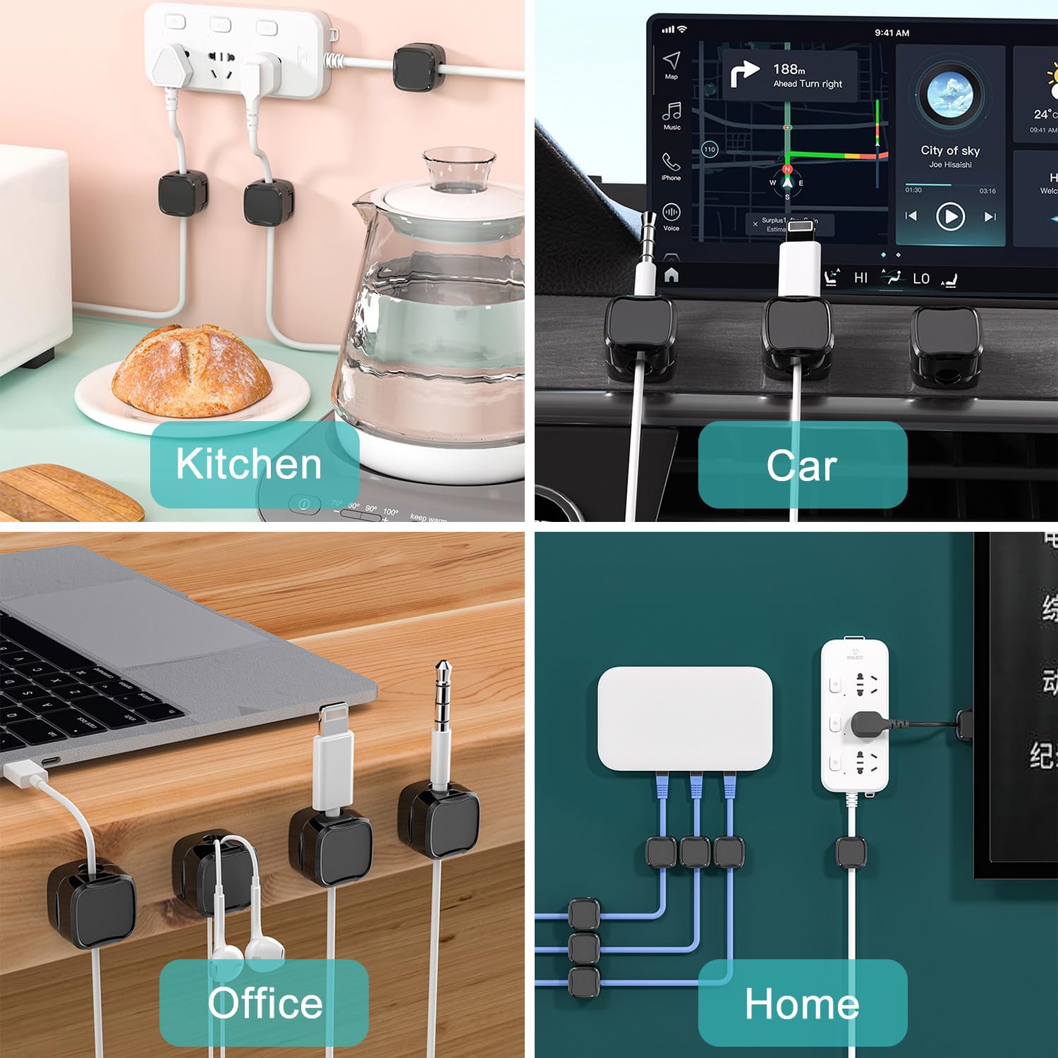 Oriento Magnetic Cable Clips Pacco da 6, Organizer Cavi Magnetico Regolabile, Organizzatore Cavi Magnetico per Scrivania, Comodino, Cavi di Ricarica, HDMI, USB, Cavi Audio, Ufficio, Casa, (Nero