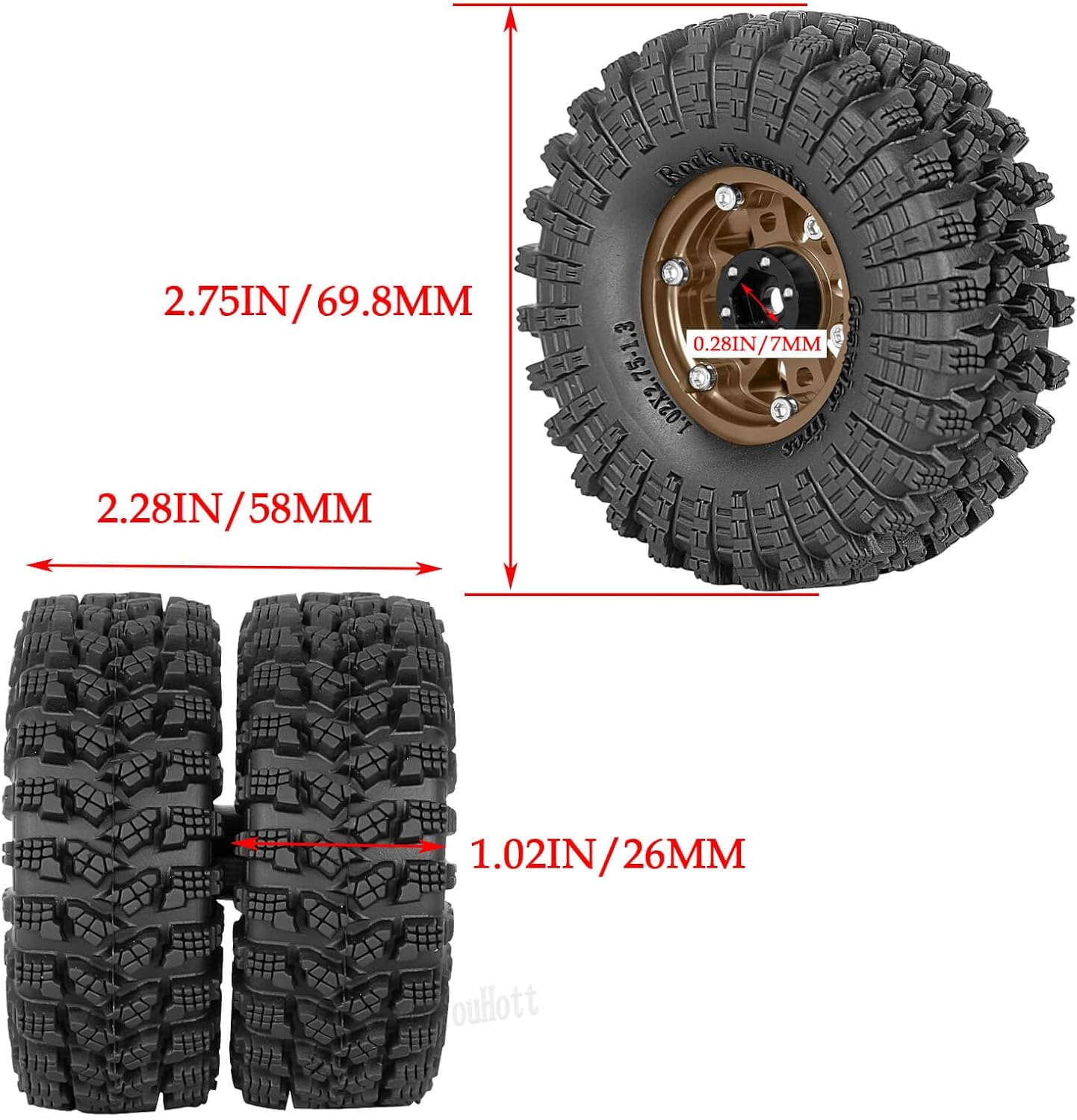 RC 1.3" Beadlock Tires Wheels for 1/18 1/24 Trx4m SCX24 FCX24 Ascent-18 RC Crawler Car,4pcs 1.3 Inch Wheel Rim Soft Rubber Tires,Brown