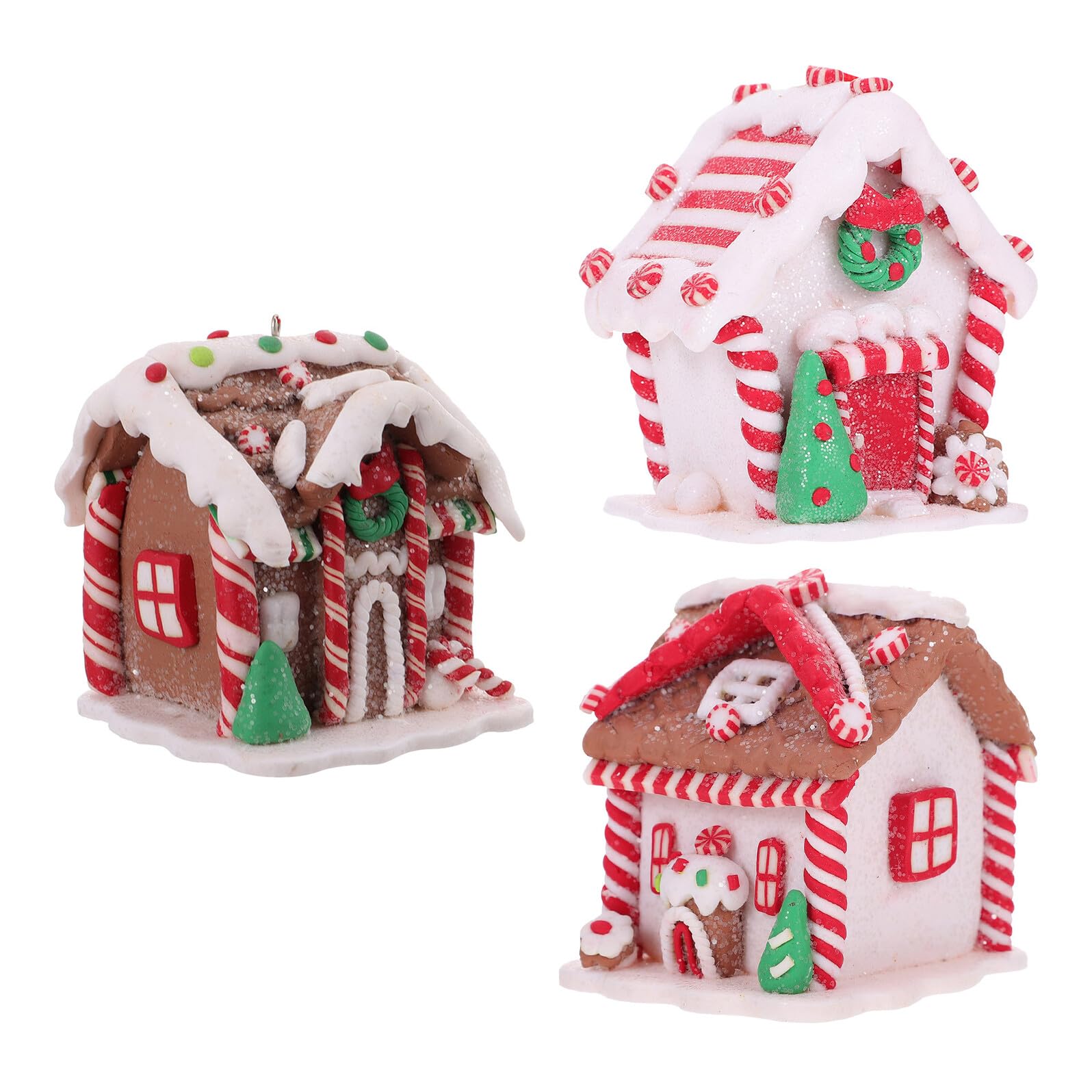 Maison pain d'épice de Noël en argile : lot de 3 ornements suspendus pour village miniature