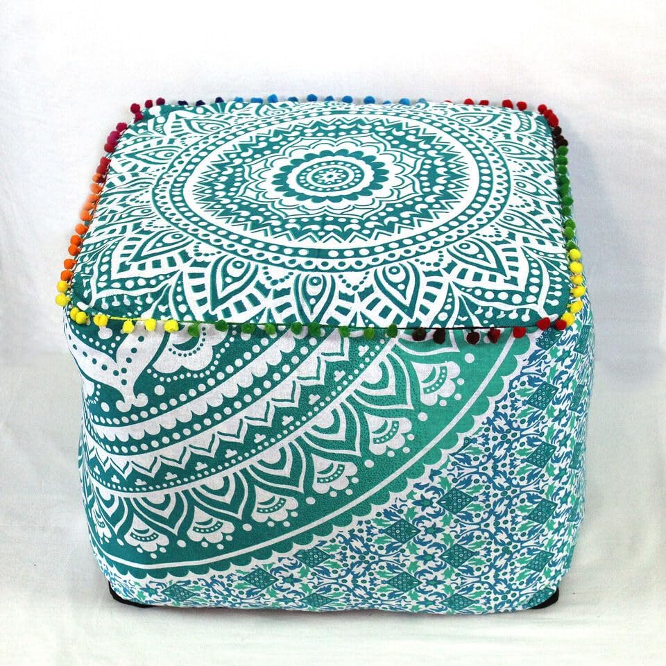 Indian Handmade Mandala | Square Ottoman Pouf Cover | Footstool Seating (Green Ombre Mandala, 22x22x14)