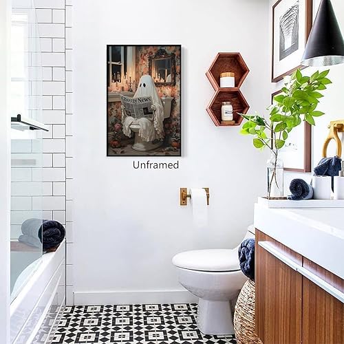 Miniatura 3 de Venphude Lienzo decorativo de pared de fantasma, lindo fantasma leyendo noticias fantasmales en el inodoro, flores rosadas, impresión romántica de