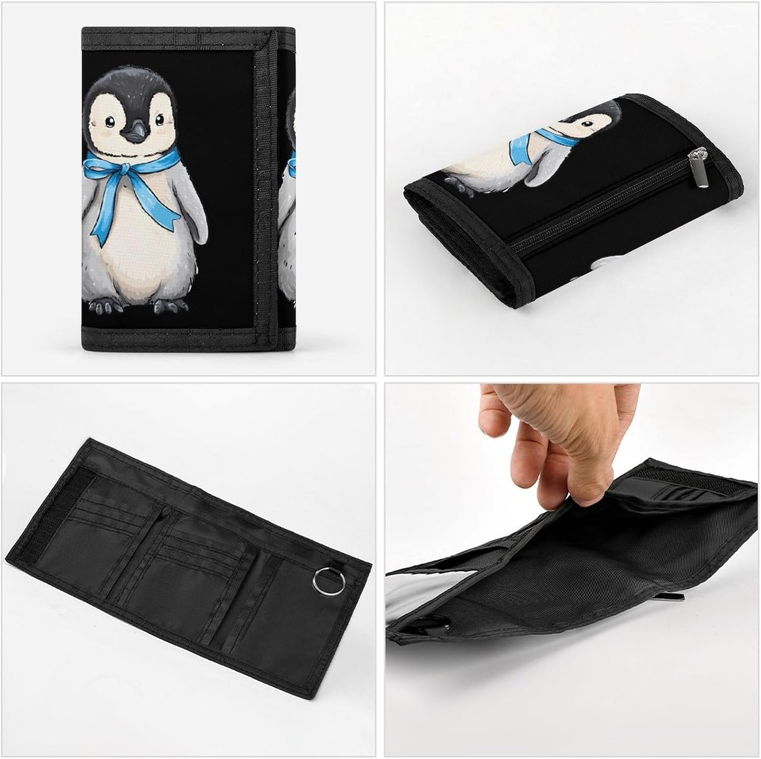 Cute Penguins with Blue Ribbon Trifold Slim Wallet Front Pocket With Money Clip And ID Credit Card Slots For Travel Work