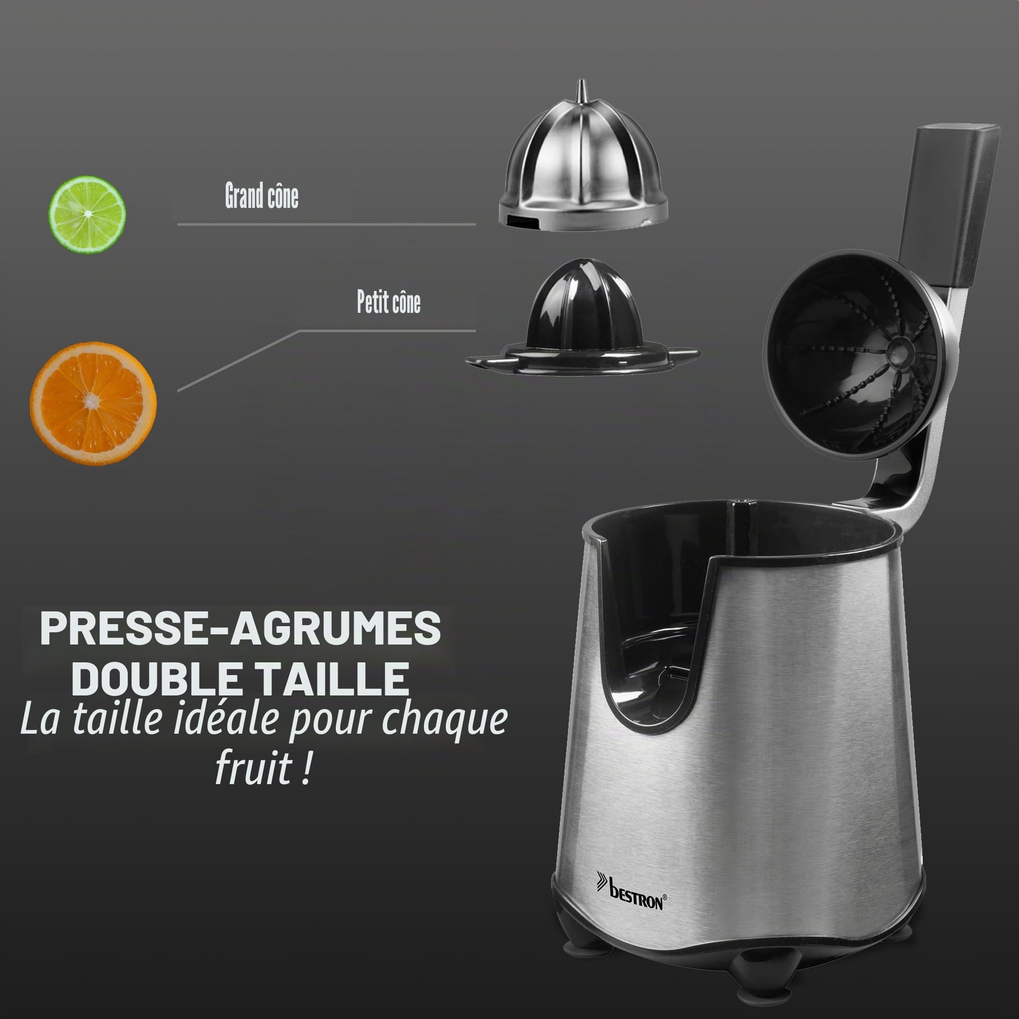 Bestron Presse-agrumes électrique, presse-agrumes orange avec fonction arrêt du bec verseur et infuseur à fruits en acier inoxydable avec 2 cônes capacité 450 ml, levier de pression souple pour une
