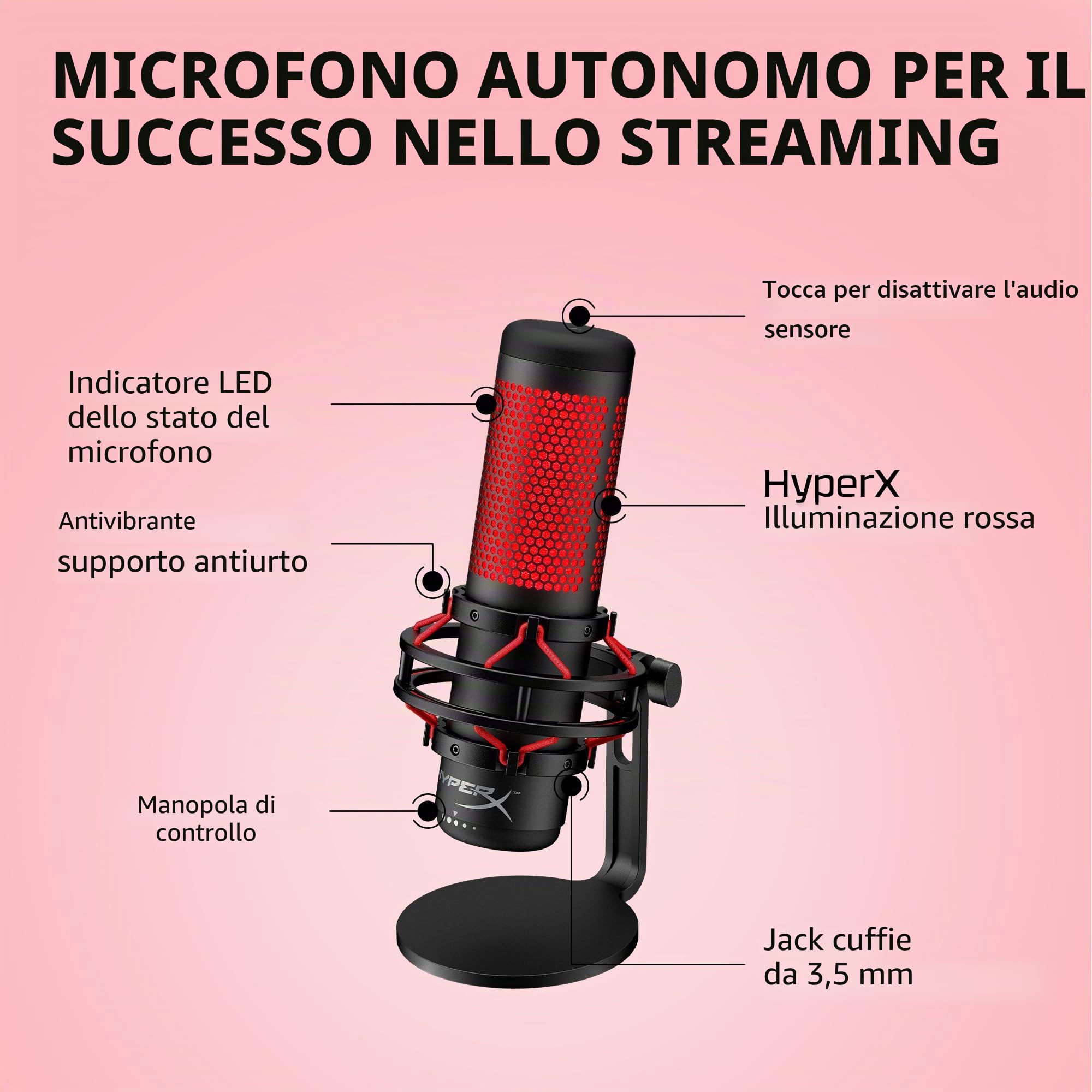 HyperX QuadCast, Microfono da Gaming, USB a condensatore, Anti-Vibrazione, FiltroPop, Indicatore LED, Sensore Tap-To-Mute, Jack Audio, Streaming, Discord, TeamSpeack, per PC, PS5, PS4, Mac, Rosso/Nero