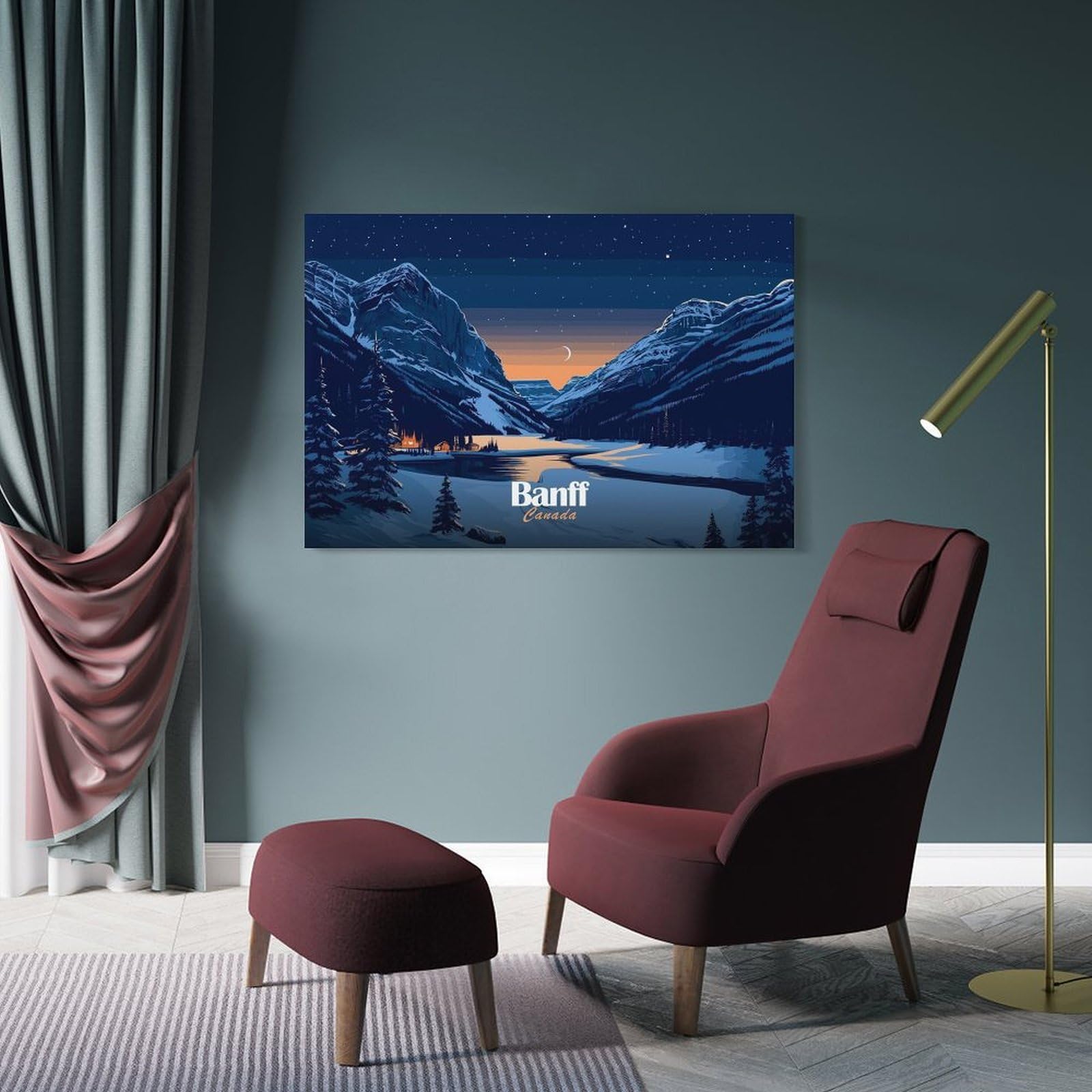 Junmoney Frame-Style-16 Decorative Wall Artwork Banff Canada Winter Landscape Illustration, 12X18inch(30X45cm), For New Homes, Bedrooms Or Workspaces, Canvas Artwork With Gifting Potential