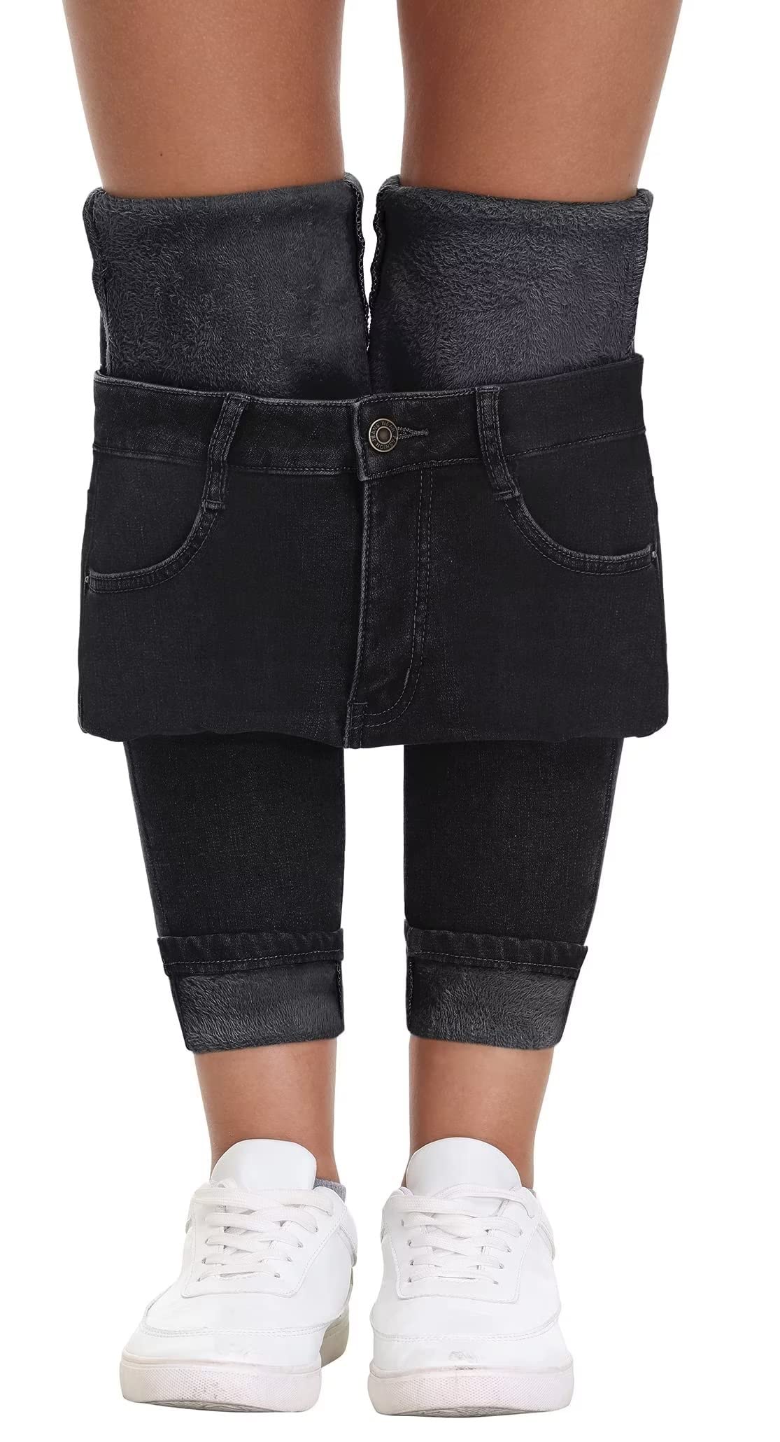KDF Fleece Lined Jeans Women Winter Flannel