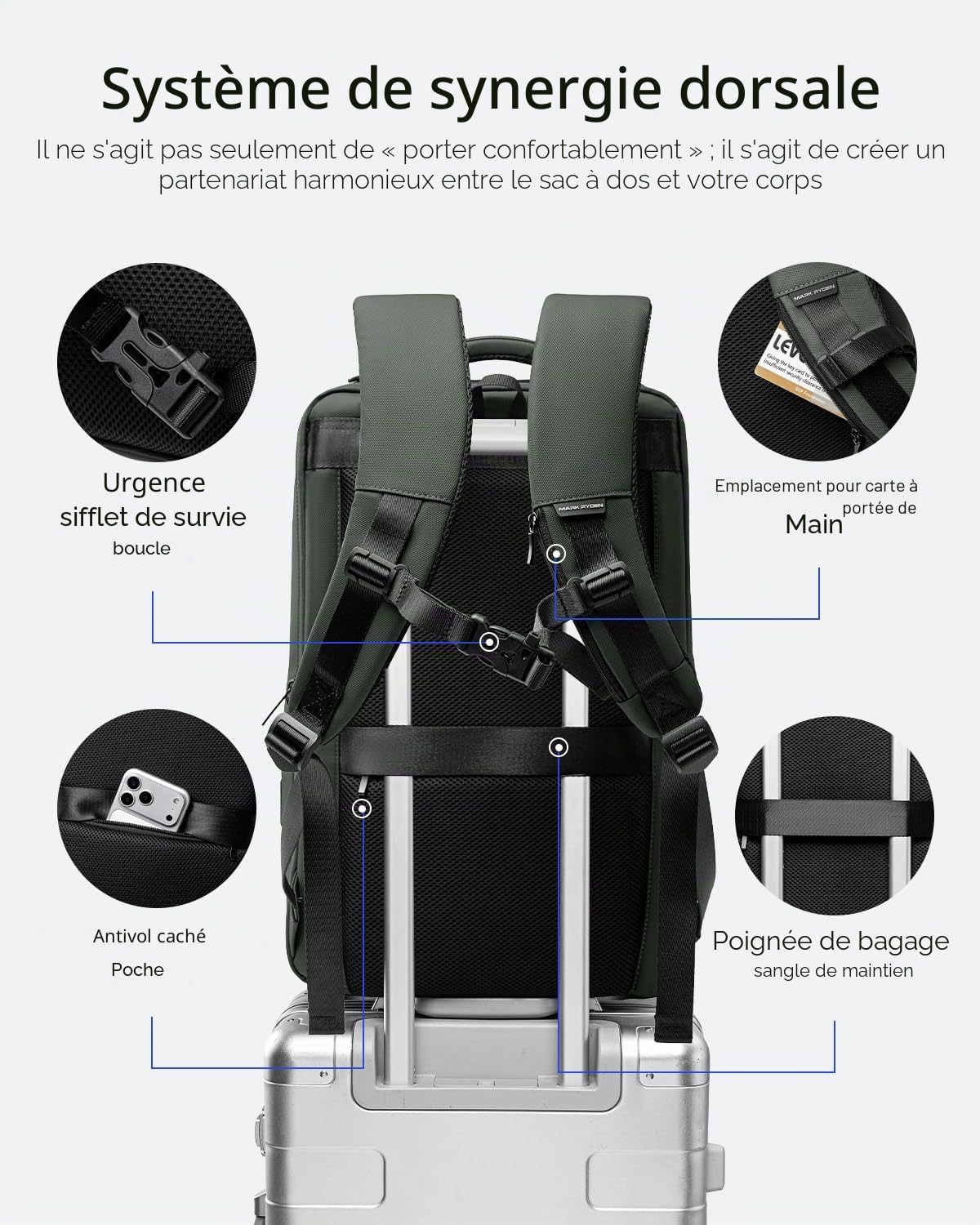 MARK RYDEN Sac à dos pour ordinateur portable de grande capacité avec USB 17,3"/15,6 pouces pour hommes Sac à dos multifonction antivol Sac à dos pour le travail