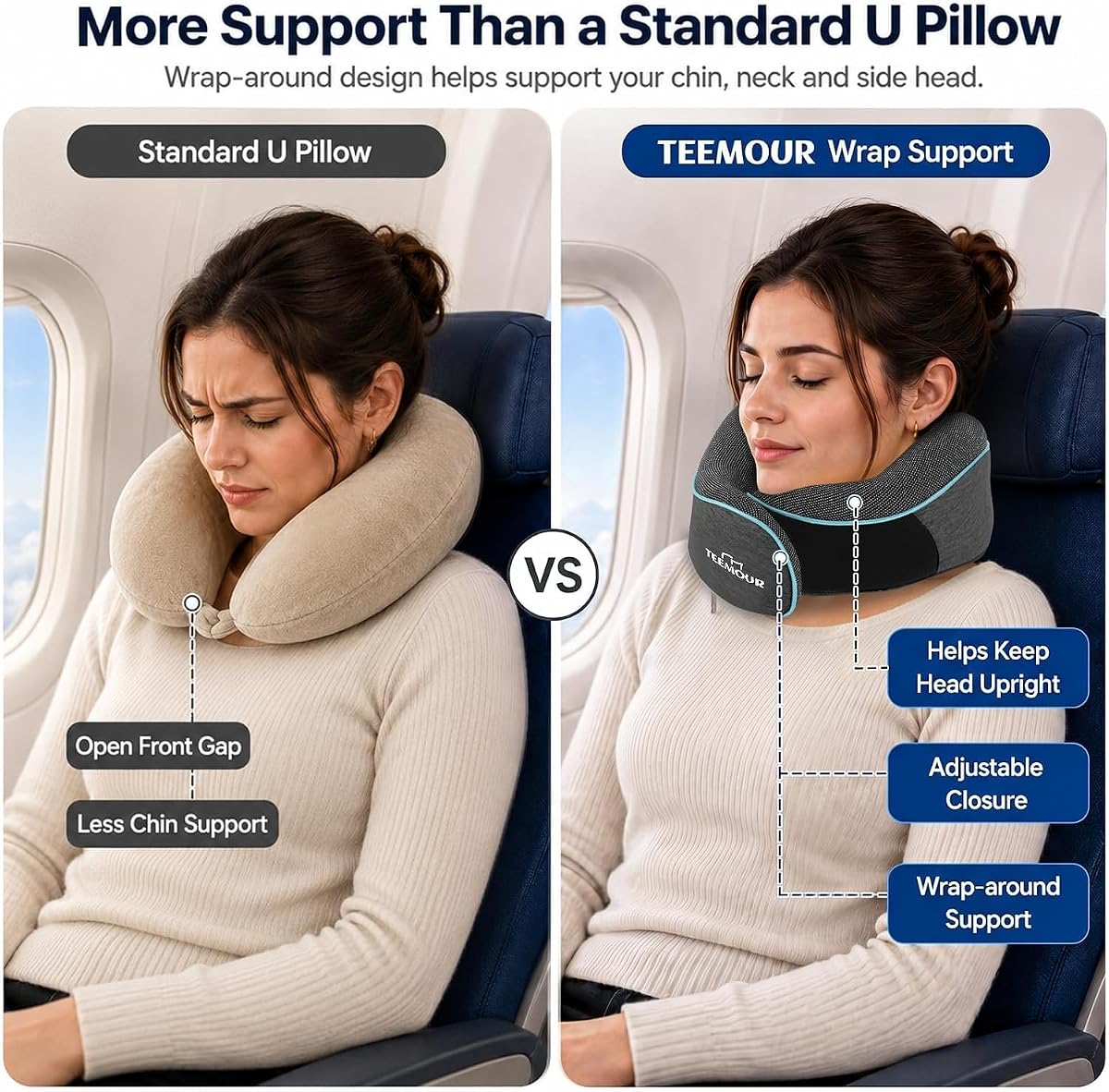 Aeris Memory Foam Travel Pillow for Airplanes - Adjustable Neck Pillow for Long Flights - Carry Bag, Ear Plugs view 3