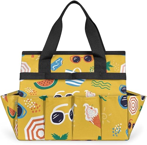 Summer Holiday Beach Garden Tool Tote Bag for Women Men Gardening Tool Storage Bags with 10 Pockets Standable Garden Home Tool Kits Organizer for