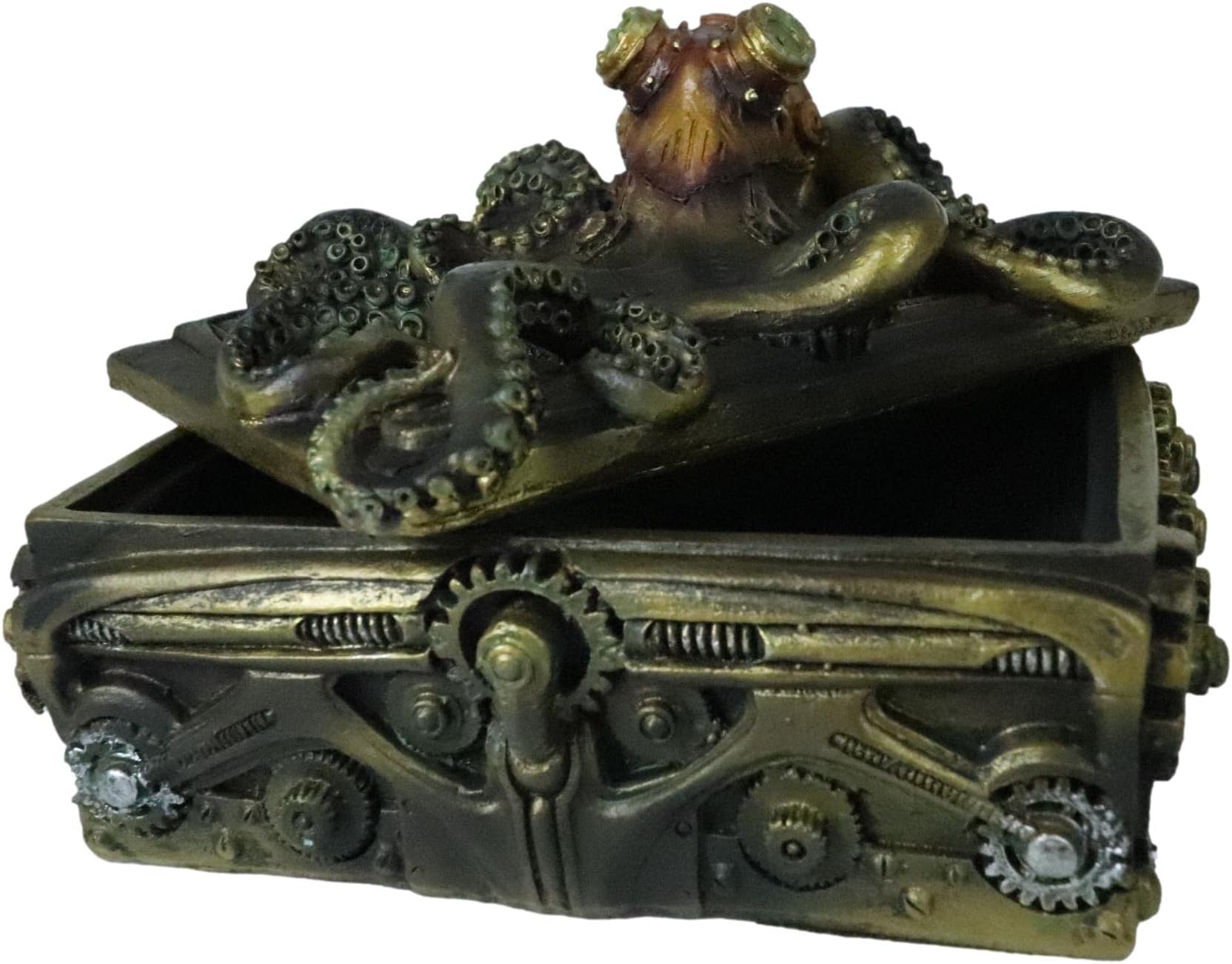 Ebros Gift Faux Bronze Nautical Marine Steampunk Octopus Kraken Submariner On Geared Pirate Treasure Chest Decorative Jewelry Box Figurine Gas Mask Cthulhu Underwater Soldier Warrior Sculpture