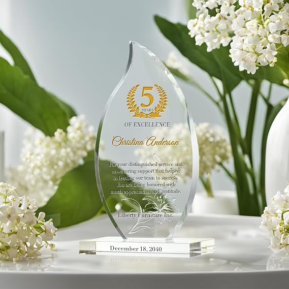 CPersonalized Crystal Flame Shaped Employee Recognition Award Custom Engraved Corporate Service Trophy with Name & Date for 5, 10, 15, 20+ Year Milestones (M - 7.5)