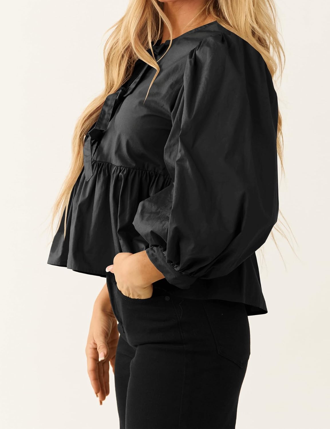 Women's Babydoll Tie Front Tops Puff 3/4 Length Sleeve Cute Casual Summer Peplum Blouses Shirts 2025 - Image 3