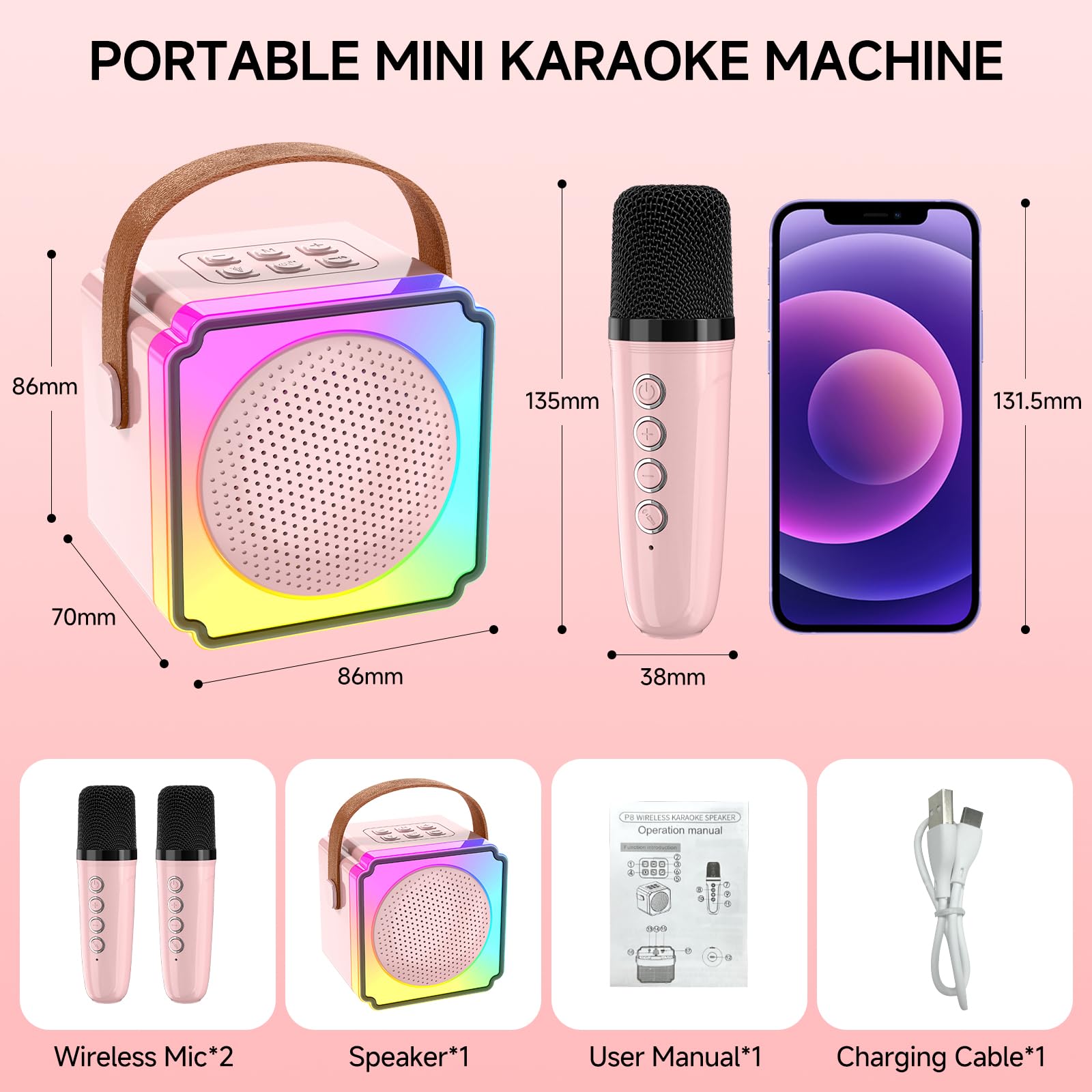 Mini machine de karaoké avec 2 microphones sans fil pour enfants et adultes, machine de karaoké portable avec changeur de voix et lumière LED, cadeau d'anniversaire pour filles et garçons
