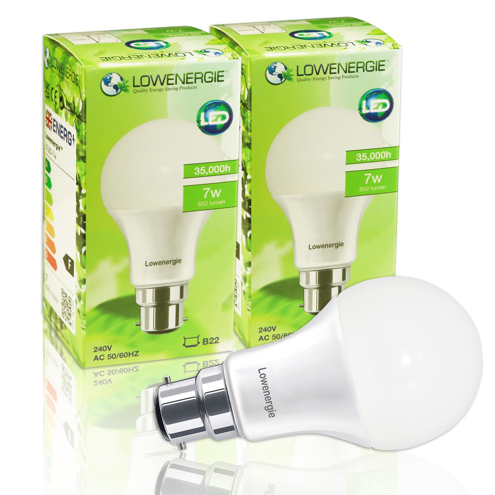 LOWENERGIE LED Light Bulbs 7W B22 Bayonet Warm White 3000K A60 GLS Lamps – Pack of 2, 60W Equivalent Energy-Saving Everyday Lighting [Energy Class F]