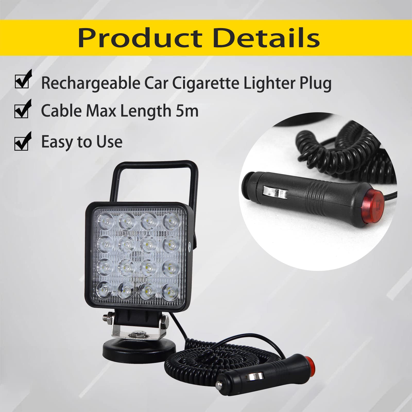 PICAA Przenośna lampa robocza LED z magnetyczną podstawą kwadratową, 10 cm 48W wiązka zalewowa, 6000K biała 12V 24V lampa przeciwmgielna do jazdy, listwy świetlne do samochodu offroad 4x4 ciężarówki