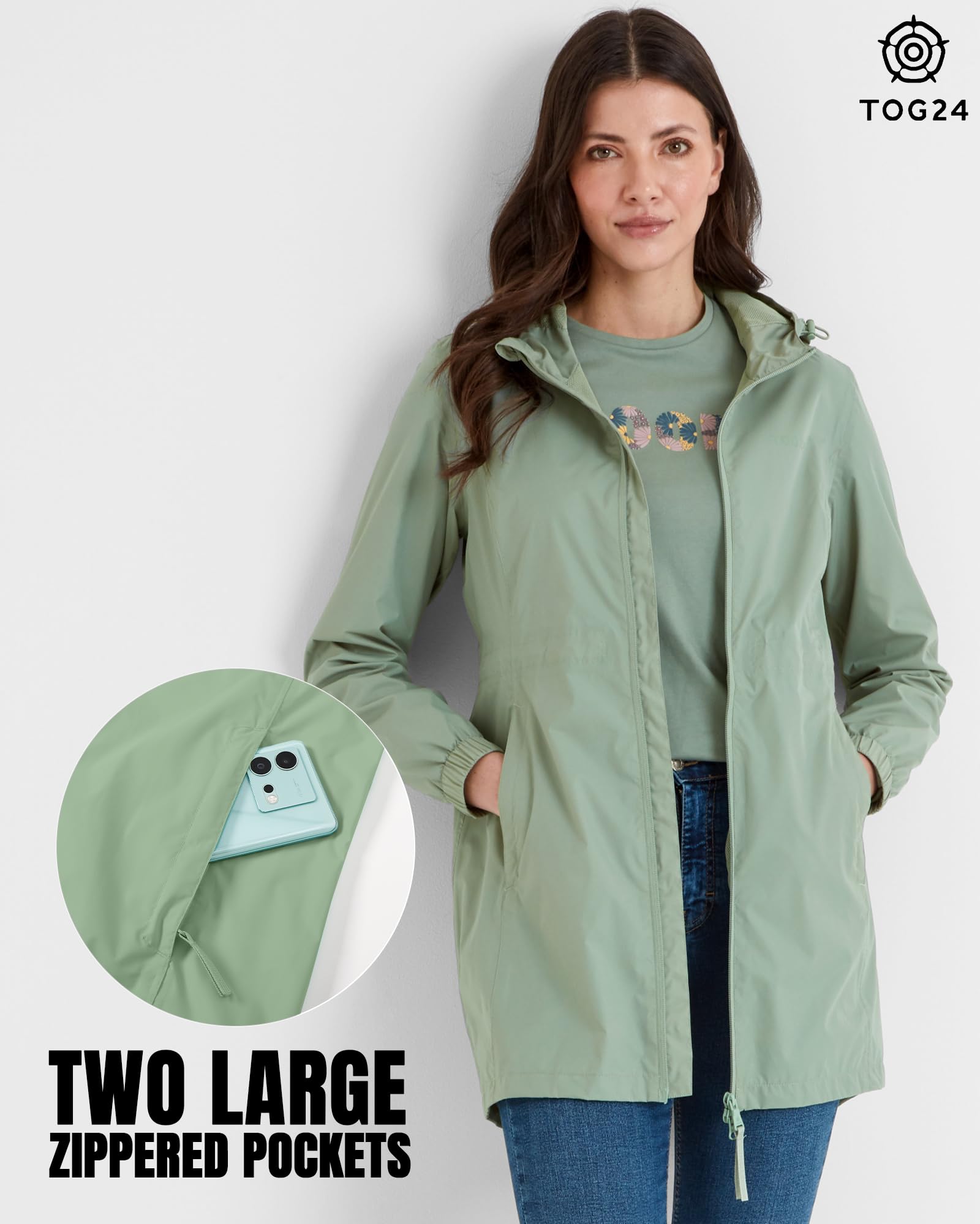 TOG24 Kilnsey Damen Lang Regenjacke Leicht Wasserdicht Windbreaker Übergangsjacke Atmungsaktiv Regenponcho Regenparka mit Kapuze