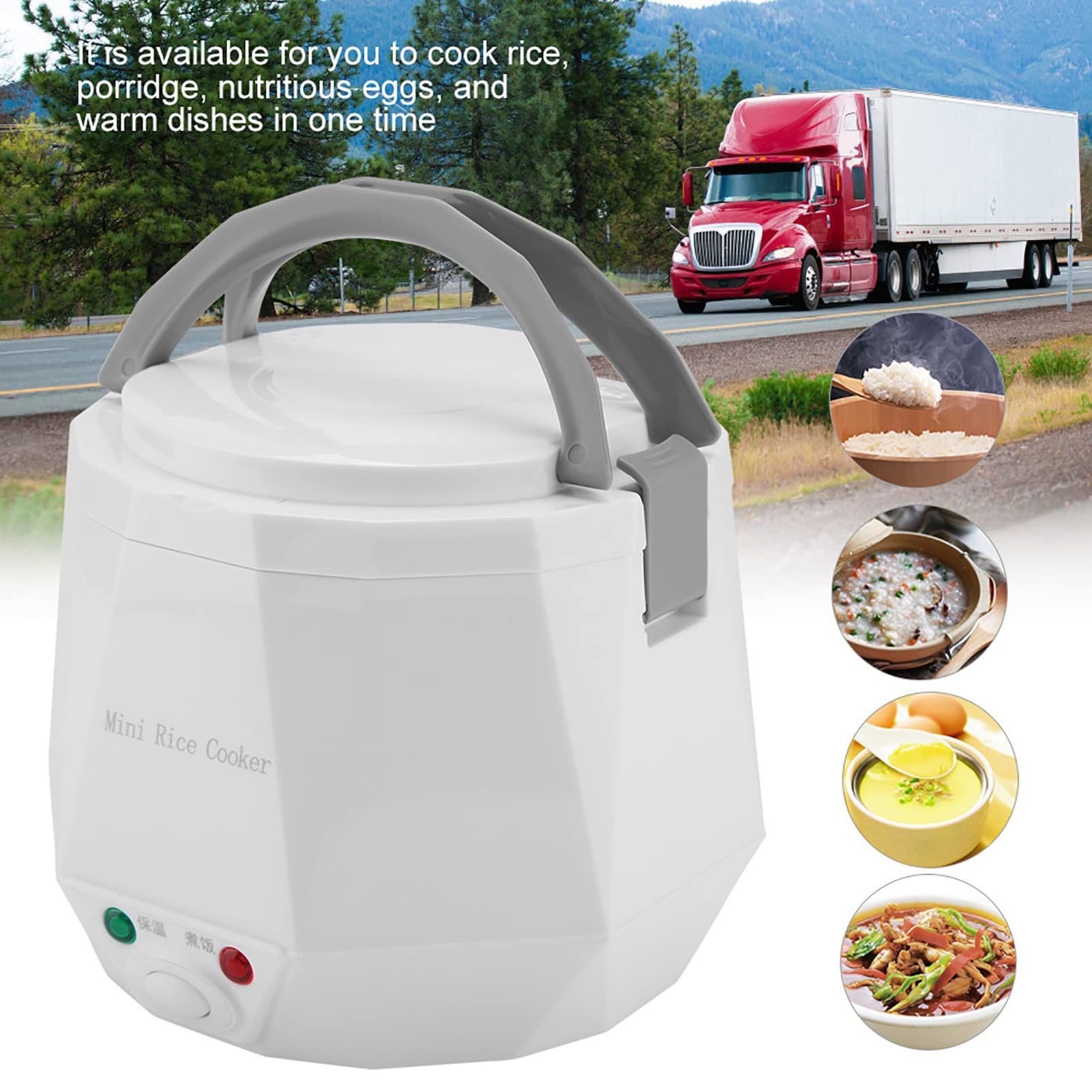 24V 1.6L Multifunctional Electric Rice Cooker, Mini Travel Food Steamer, Portable Meal Heater Food Warmer for Both Home And Trucks To Cook Rice Porridge Nutritious Eggs Warm Dishes (White)