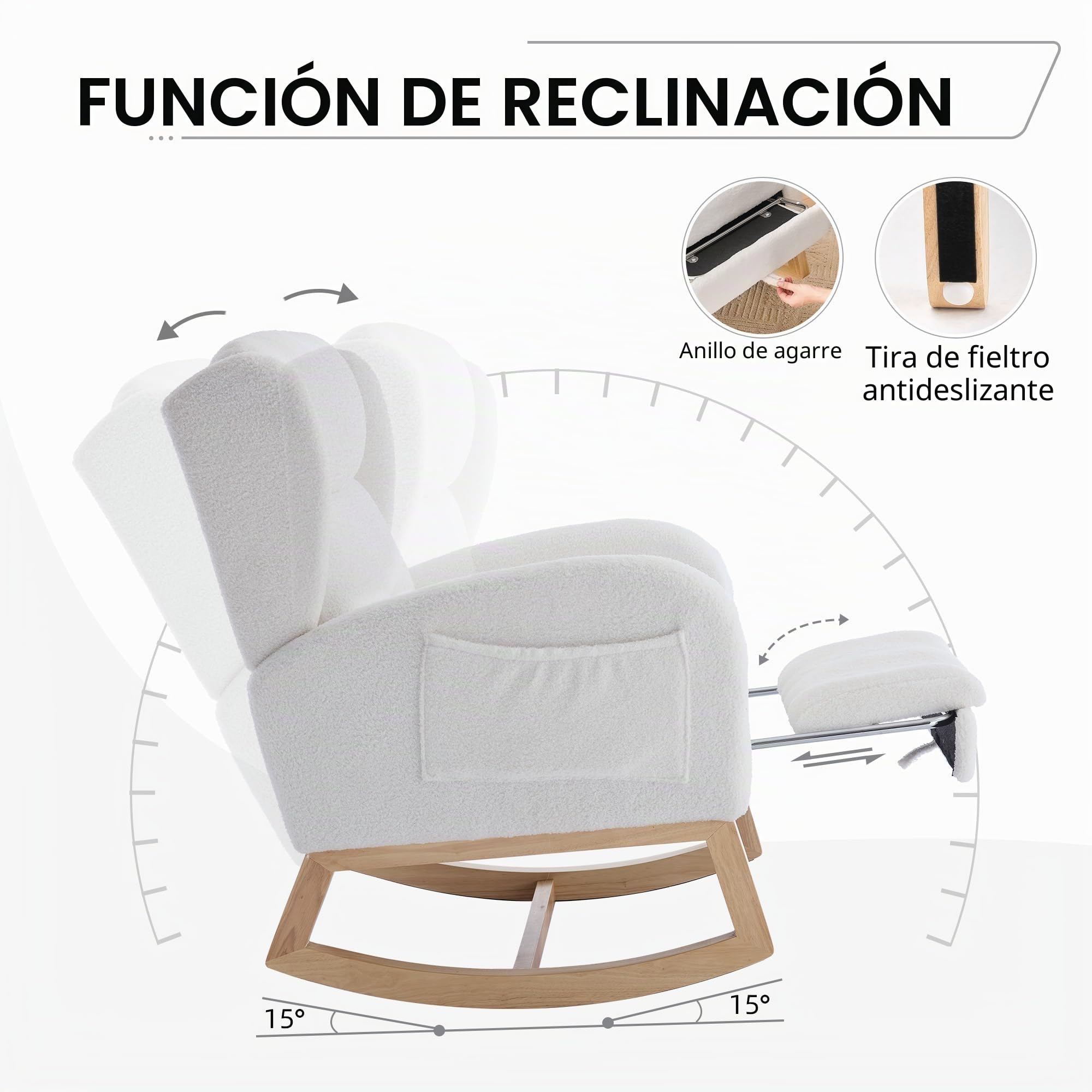 Mecedora, silla de lactancia, sillón de salón con estructura de madera, reposapiés ajustable, respaldo alto, tela teddy, con bolsillo, cómoda silla de acento para dormitorio, salón (blanco)