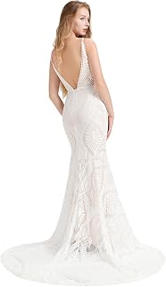 Boho Beach Wedding Dress for Women Lace Backless V-Neck Mermaid Bridal Gown MWD060