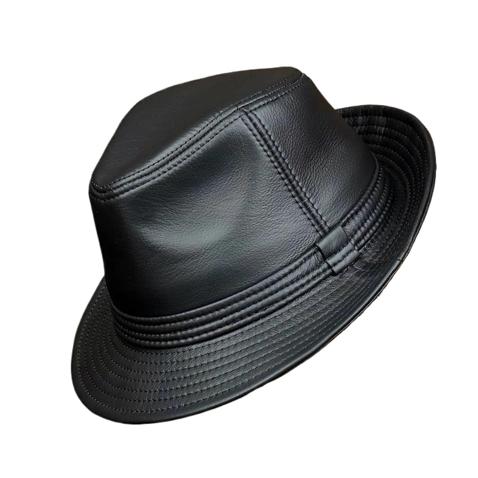 ADRLOPFE Fedora Hat Retro Leather Cowhide Gentleman Fedoras Hat for Men Travel Warm Autumn Winter Top(Black,59 60cm)