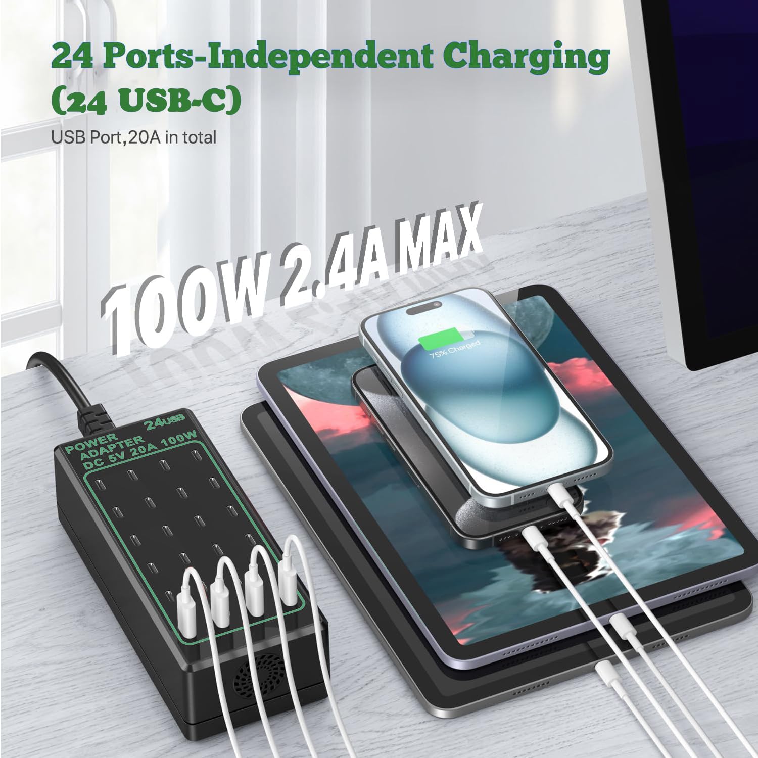 24-Port 100W (20A) USB C Charger, Multiple USB C Charging Station, Home Desktop USB C Fast Charger, Travel Convenient Charger Hub Power Adapter, Compatible with iPhone/Samsung/Google and more., black