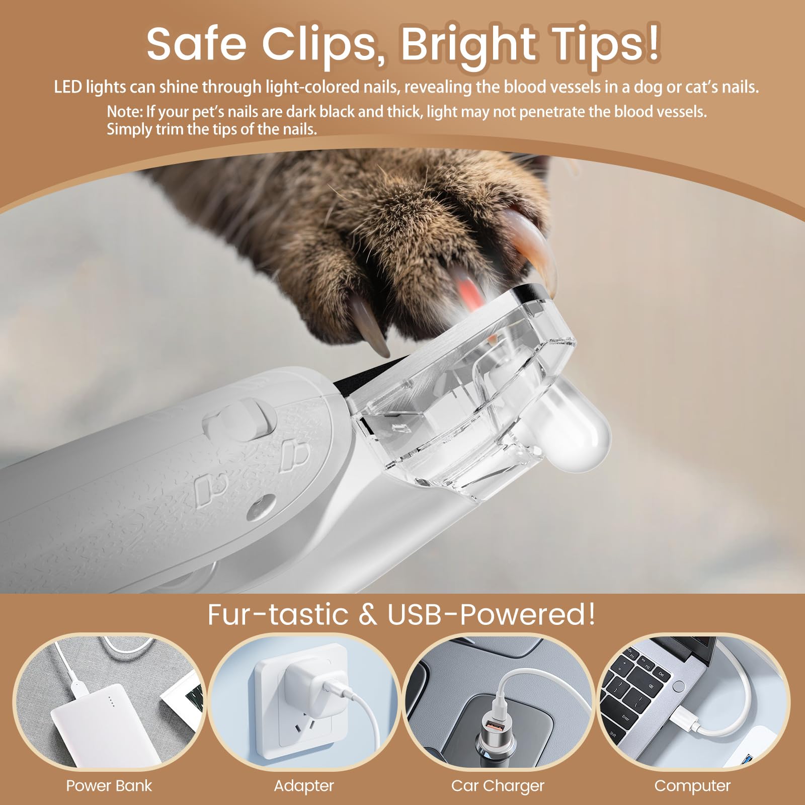 2 in 1 Dog & Cat Nail Clippers & Trimmers with LED Lights, Splash Guard - Pet Hair Trimmer for Around Paws, Ear, Eye,Face, Rump Rechargeable & IPX7 Waterproof Grooming Supplies for Dog, Cat - image 4