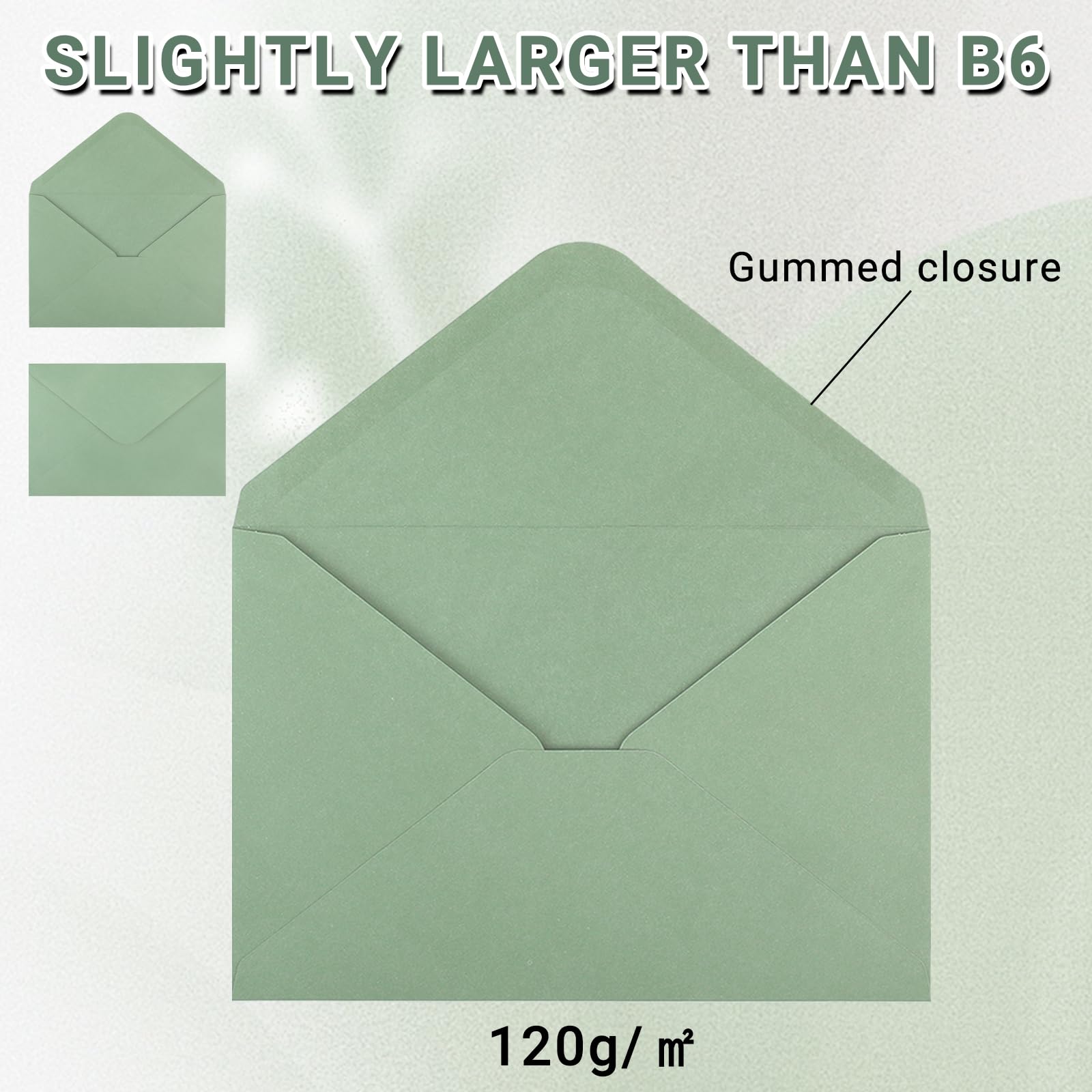 100 Szt. Kopert B6 13x18 cm - Kolor Eukaliptusowy, 120 g/m² - Bez Okienka, Klapka Zaostrzona, Zamknięcie Klejowe - Na Zaproszenia Ślubne, Kartki Okolicznościowe i Przyjęcia