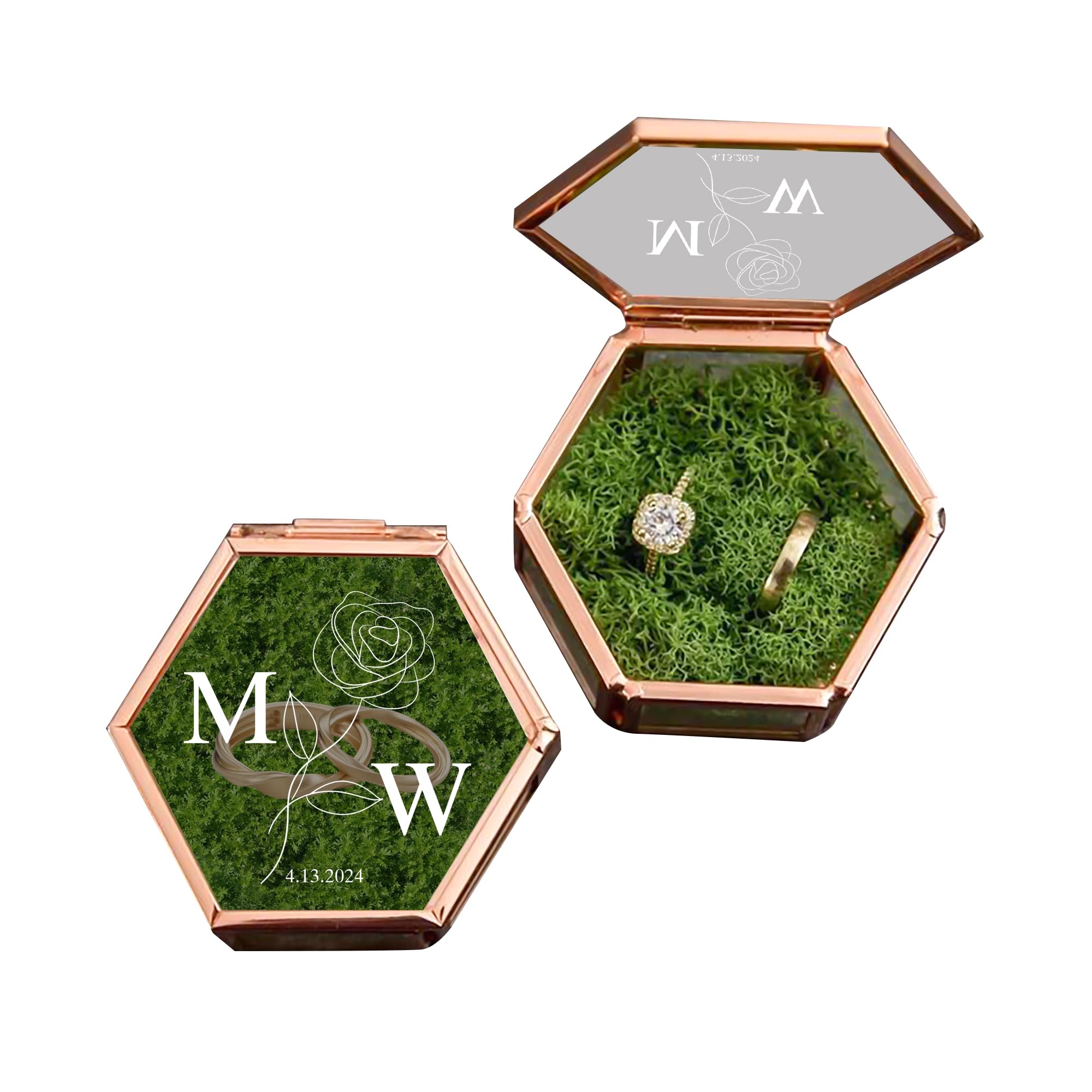 GROBTE Custom Hexagon Ring Box Engagement Ring Box Personalized Jewelry Storage for Proposal Bearer Box with Names & Initials Ring Holder Ring Organizer