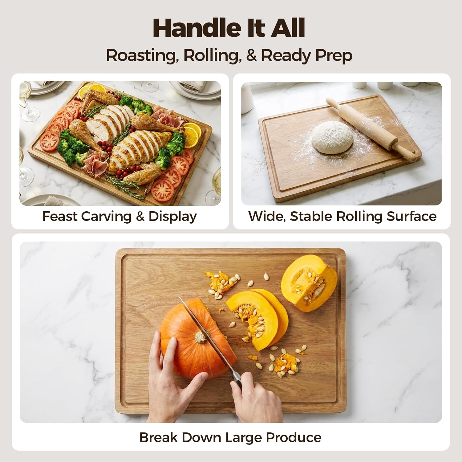 Acacia Wood Cutting Board for Kitchen - 17"x12" Large Chopping Board with Juice Grooves & Handles, 0.7" Thick Butcher Block for Meat and Veggies, Ideal Gift