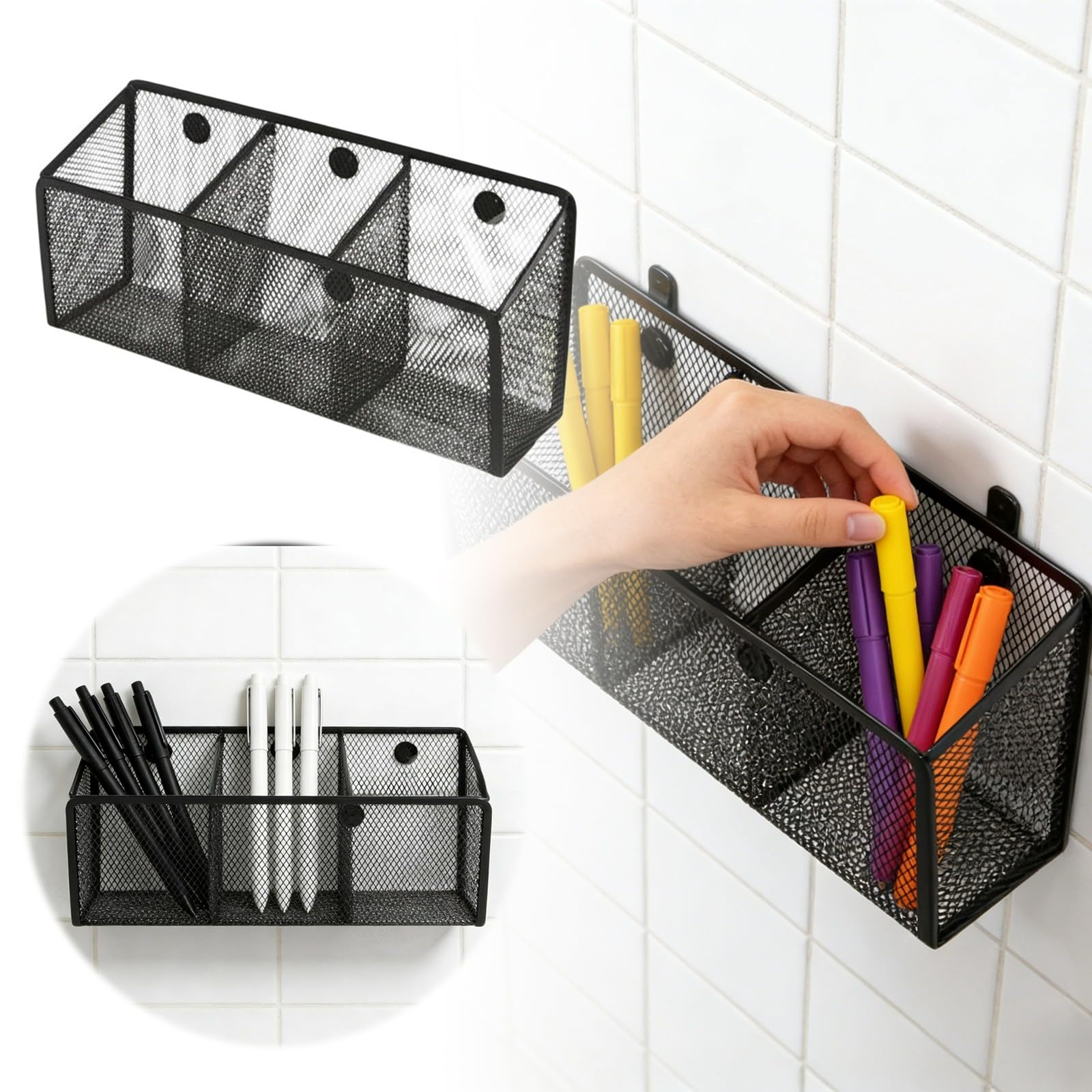 Portapenne magnetico, portapenne in metallo, cestino portaoggetti magnetico, organizer per armadietti, porta pennarelli per lavagna bianca, organizer per frigorifero con design a rete