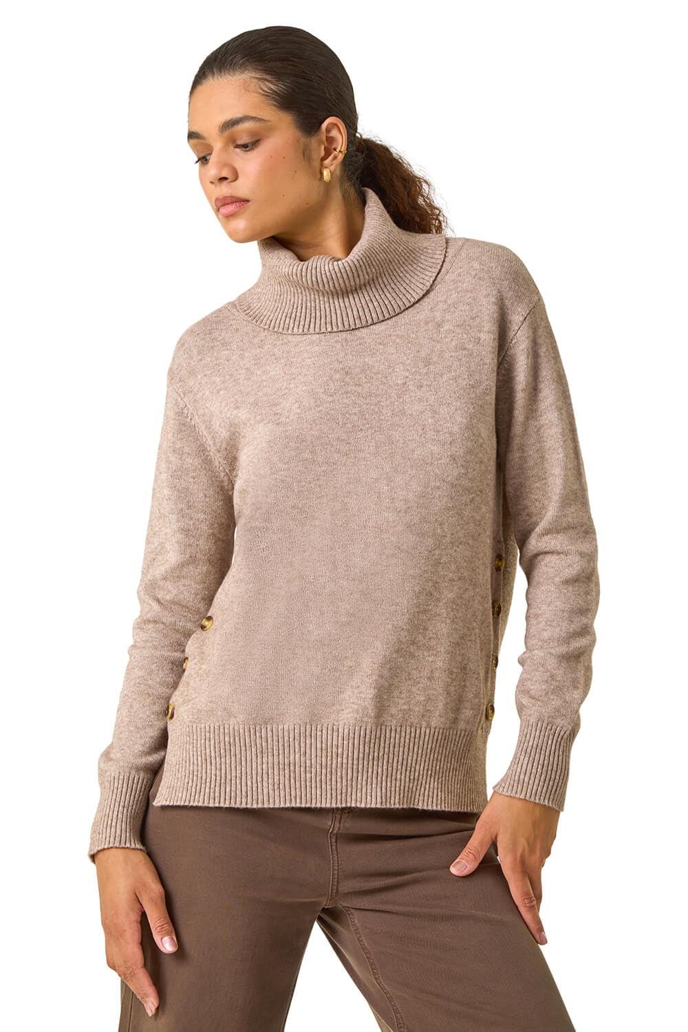 Roman Originals Women's Beige Soft Roll Neck Knit Jumper For Uk - Everyday Autumn Winter Comfy Soft Evening Vacation Work Party Night Out - Size 14