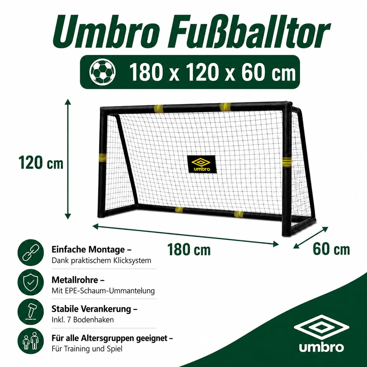 Umbro Fußballtor - Fussballtor Groß - Fußball Tor - Fussballtore für Garten Kinder und Erwachsene - Fussball Trainingszubehör für Innen und Außen - Metall - Schwarz/Gelb