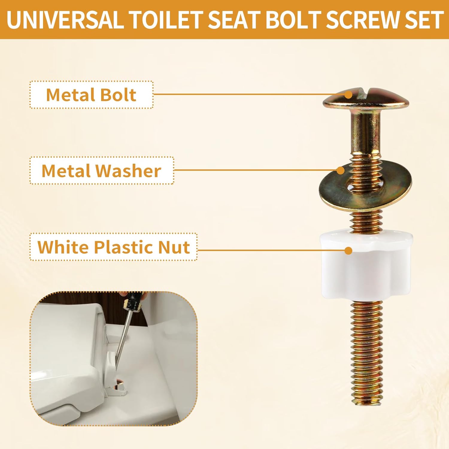 2PCS Toilet Seat Screws Replacement Kit - Heavy Duty Bolts with Plastic Nuts & Metal Washers