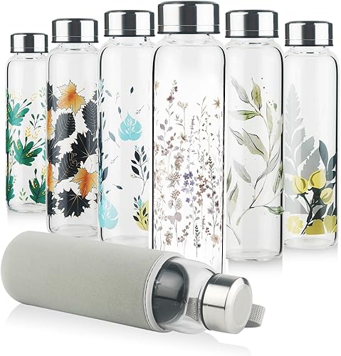 Botella de agua de vidrio de borosilicato, botella de vidrio deportivo con funda de neopreno y tapa de acero inoxidable de 16 oz32 onzas (32 onzas,