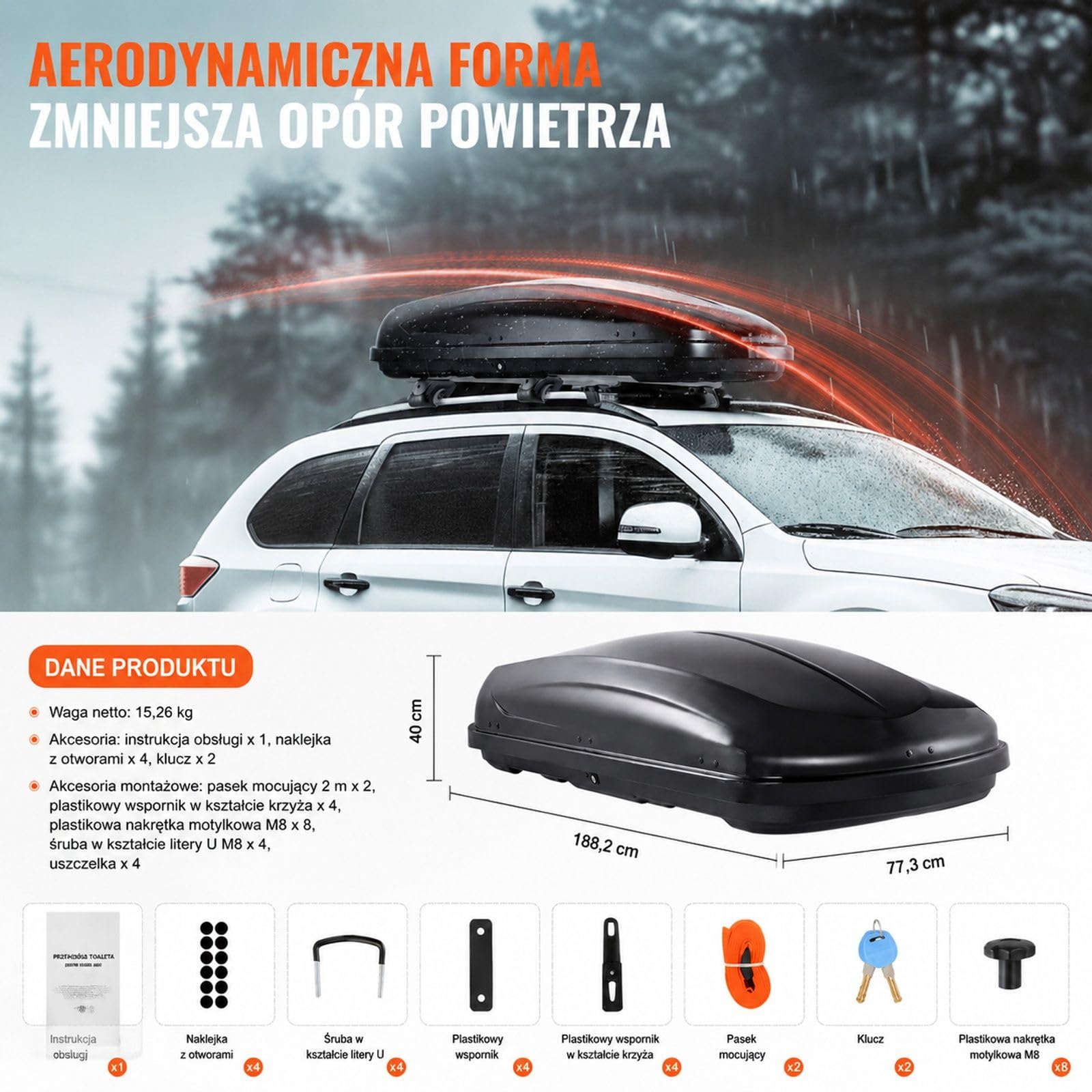 Box dachowy 370 l z ABS, twarda skorupa, otwieranie dwustronne, 2 paski, czarny do auta SUV kombi