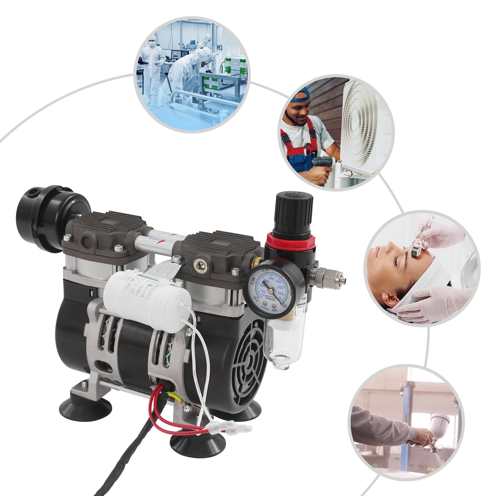 Bomba de vacío de 230 W – 90 kPa 56 dB, apta para la industria con motor de cobre, bomba de vacío de laboratorio, bomba de silencio médica sin aceite, para trabajos de pintura, cosméticos y